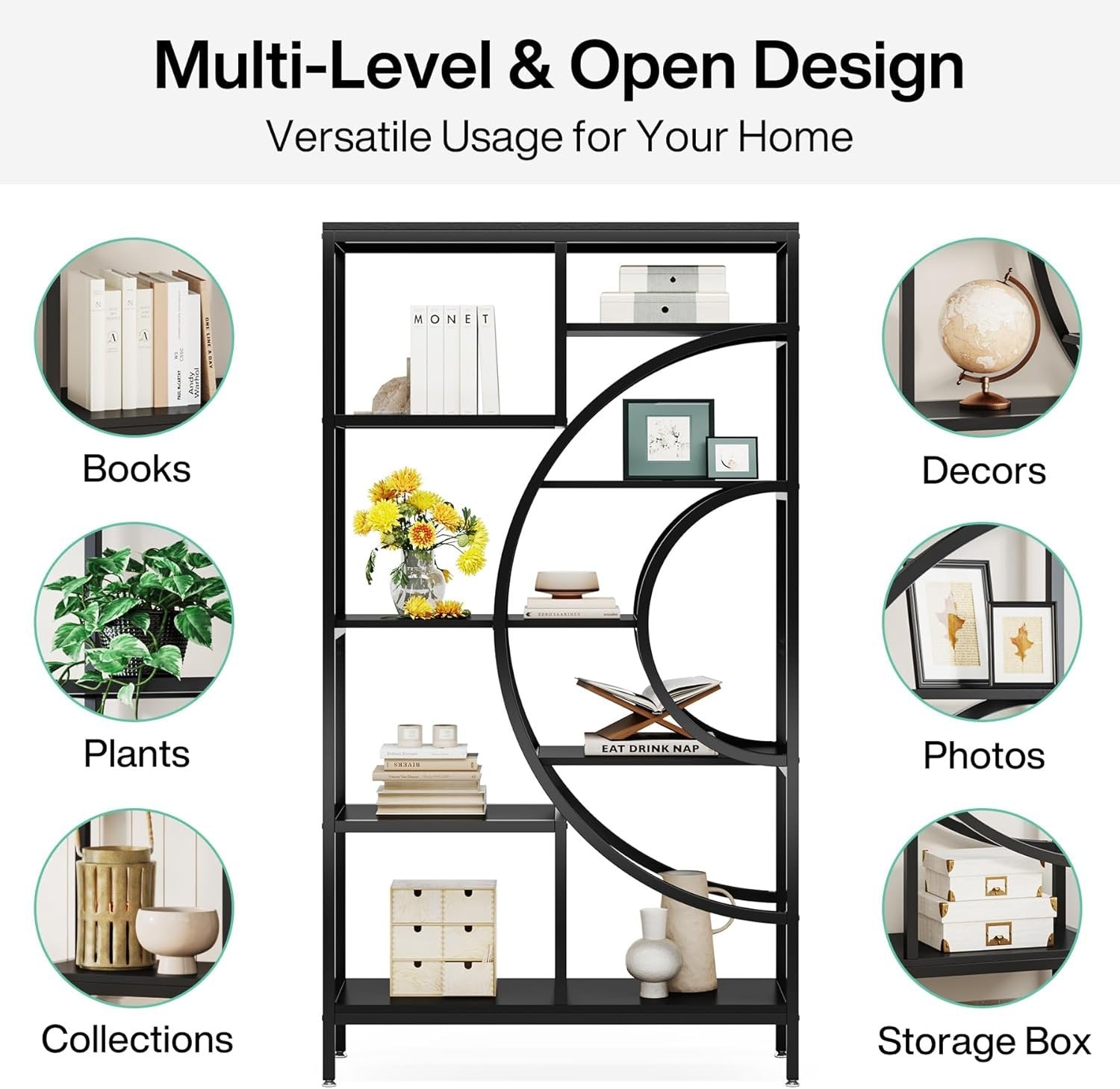 71" Bookcases, Industrial 8-Tiers Bookshelves with Geometric Metal Frame for Home Office