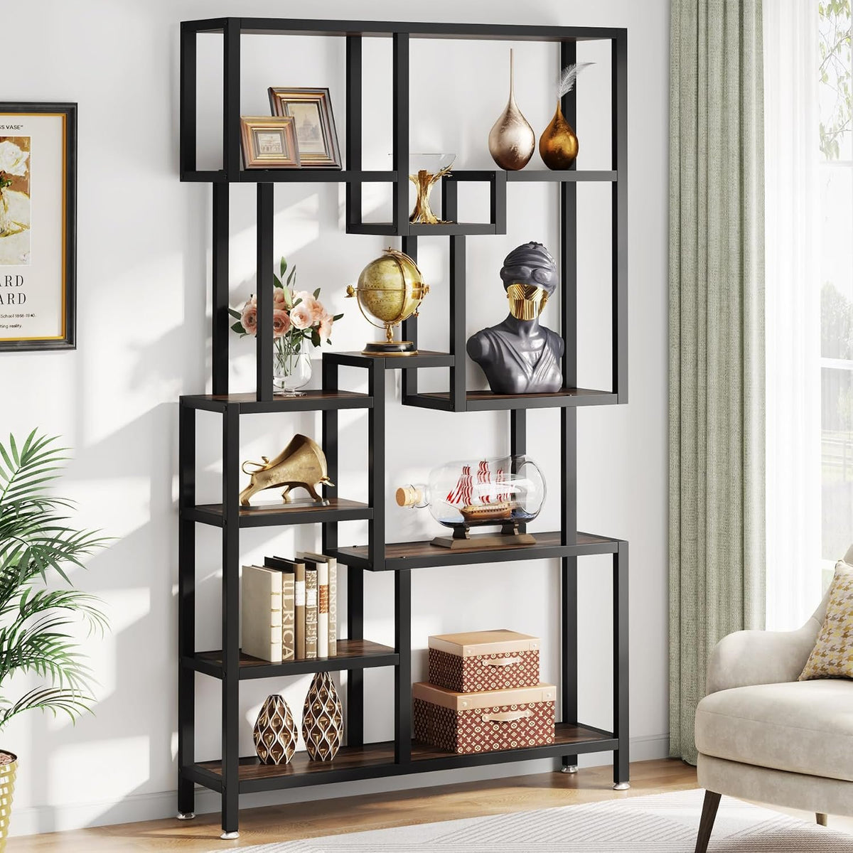 200cm 7-Tier Industrial Bookshelf, Tall Wooden Shelves for Living Room Home Office