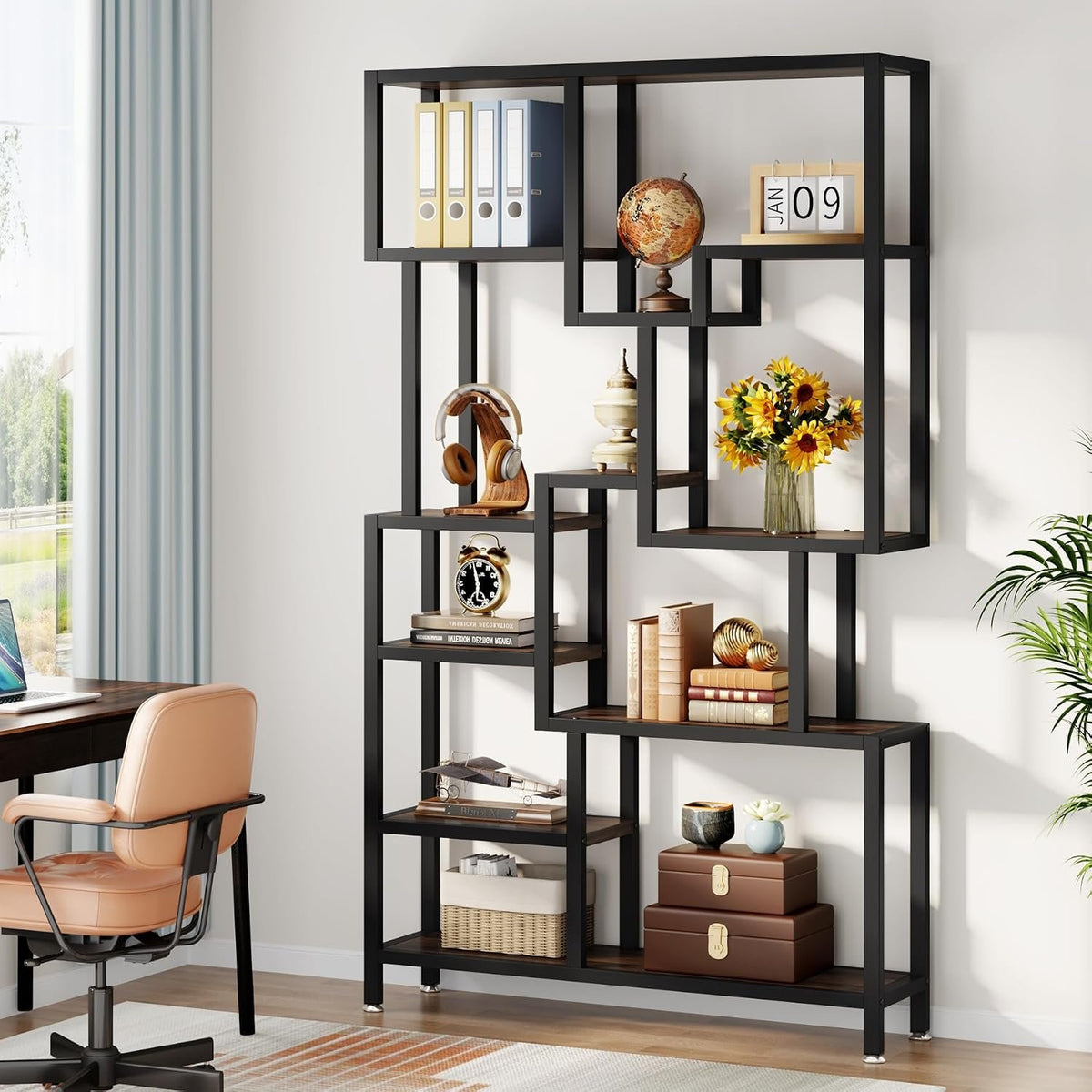 200cm 7-Tier Industrial Bookshelf, Tall Wooden Shelves for Living Room Home Office