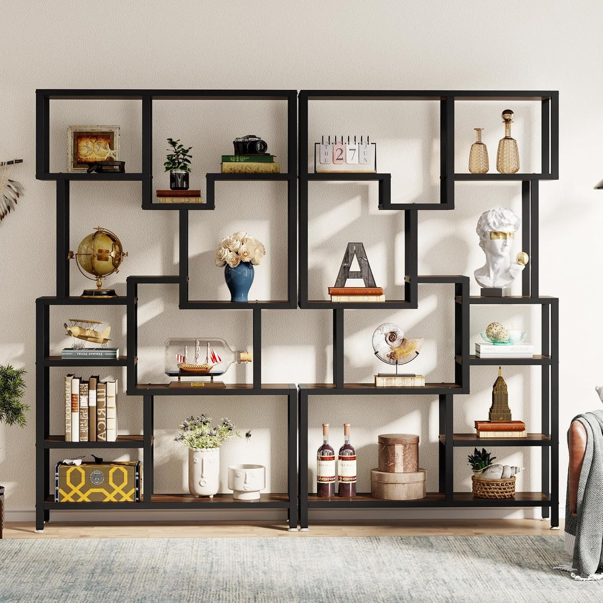 200cm 7-Tier Industrial Bookshelf, Tall Wooden Shelves for Living Room Home Office