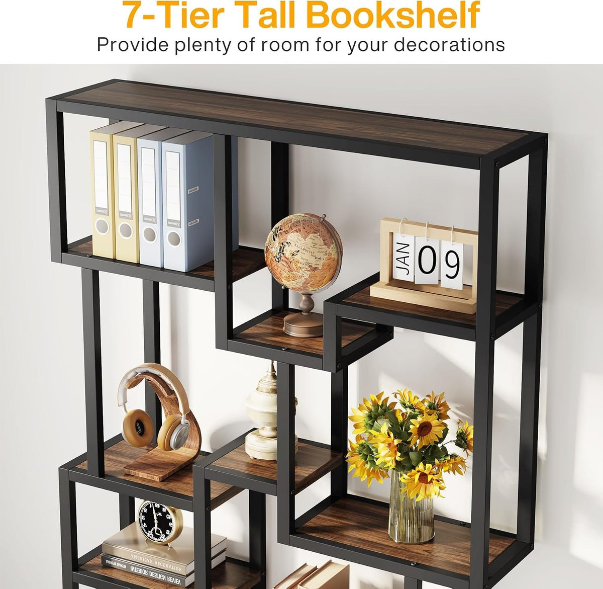 200cm 7-Tier Industrial Bookshelf, Tall Wooden Shelves for Living Room Home Office