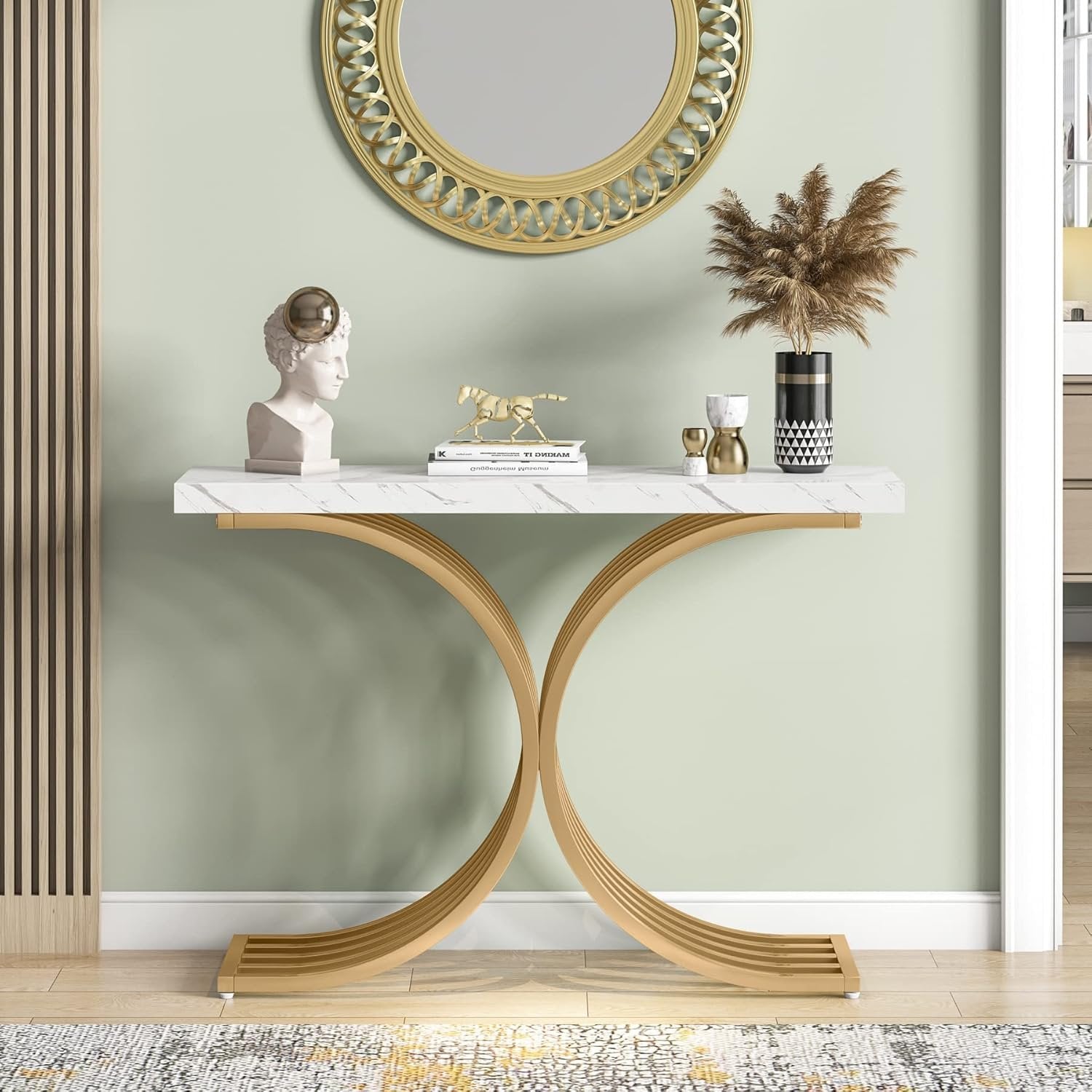 39” Gold Entryway Table, Faux Marble Narrow Wood Sofa Table Foyer Table for Entrance & Living Room