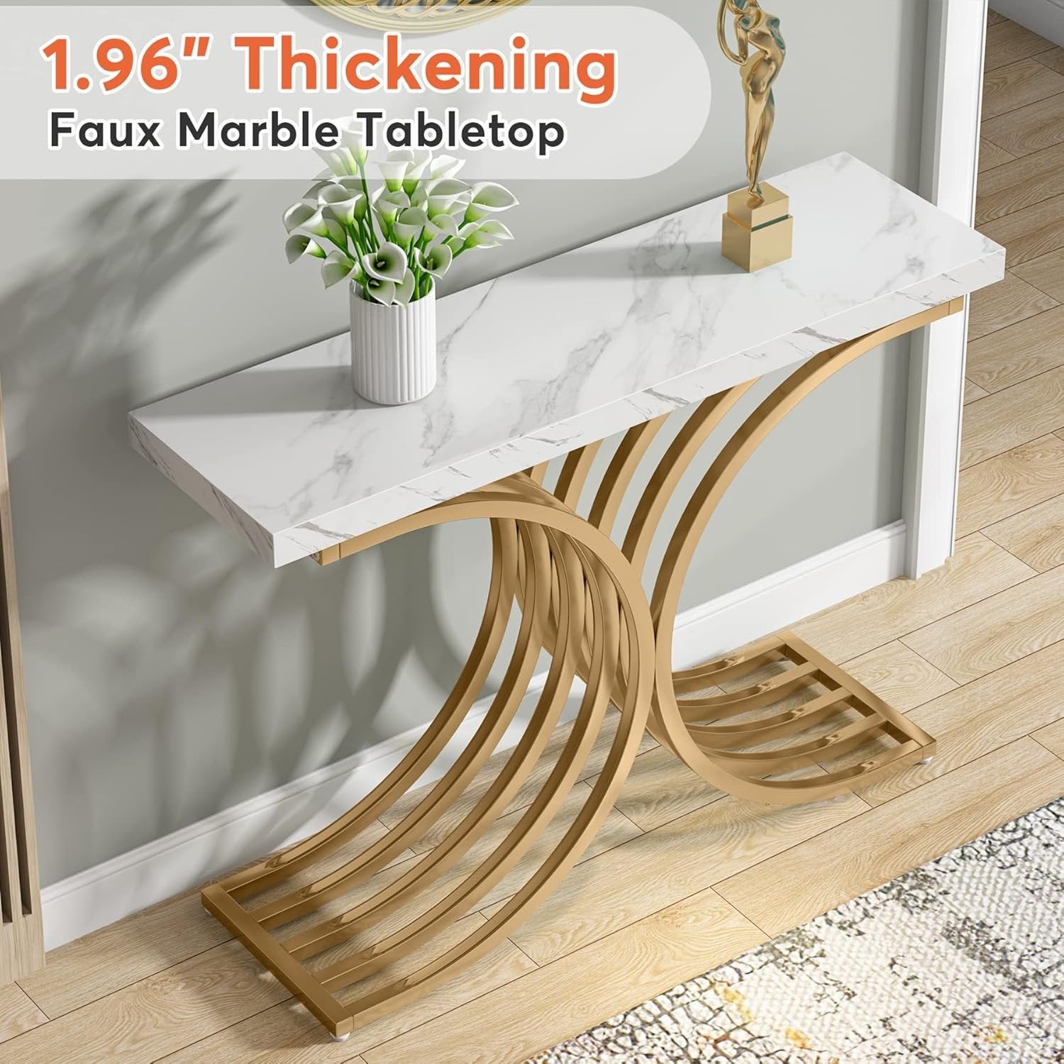 39” Gold Entryway Table, Faux Marble Narrow Wood Sofa Table Foyer Table for Entrance & Living Room
