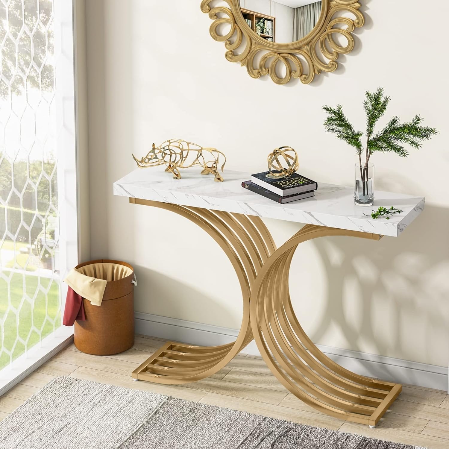 39” Gold Entryway Table, Faux Marble Narrow Wood Sofa Table Foyer Table for Entrance & Living Room