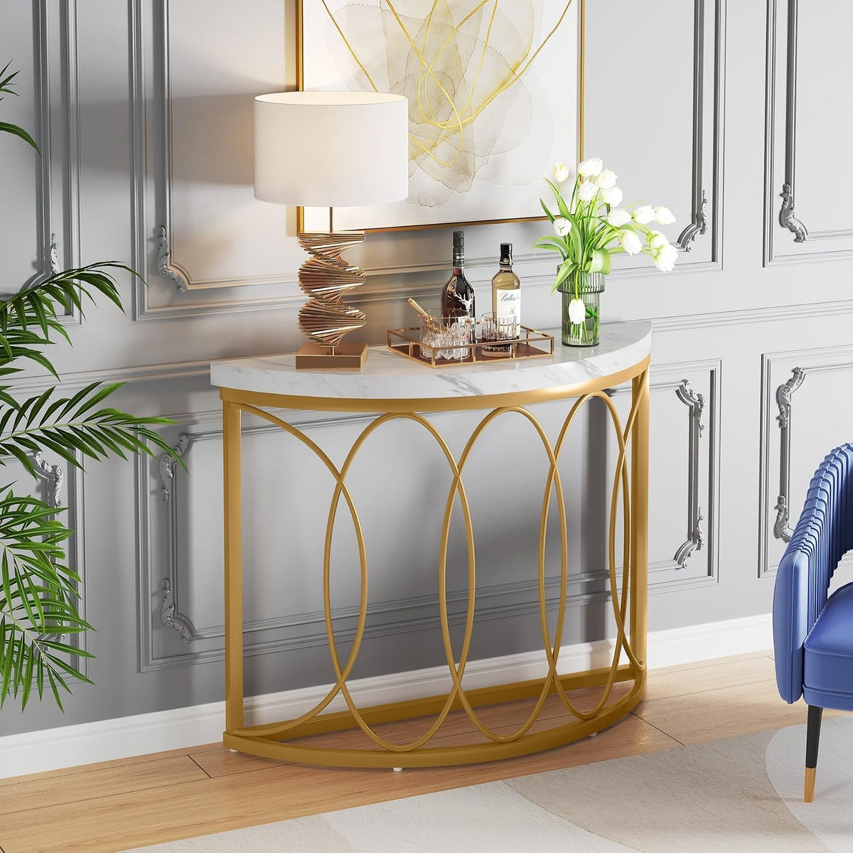 110cm Console Table, Gold Modern Half-Moon Frame for Living Room