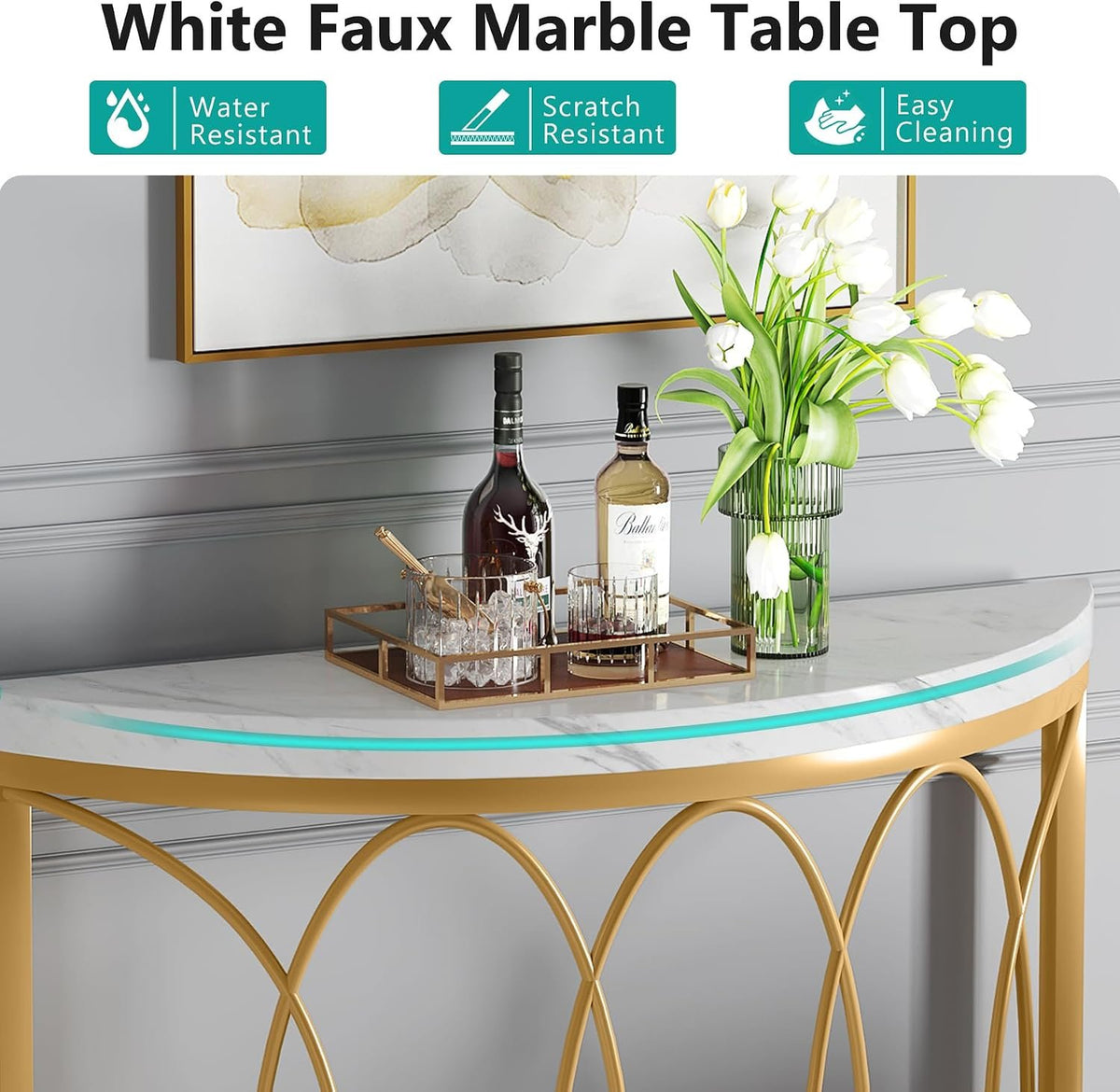 110cm Console Table, Gold Modern Half-Moon Frame for Living Room