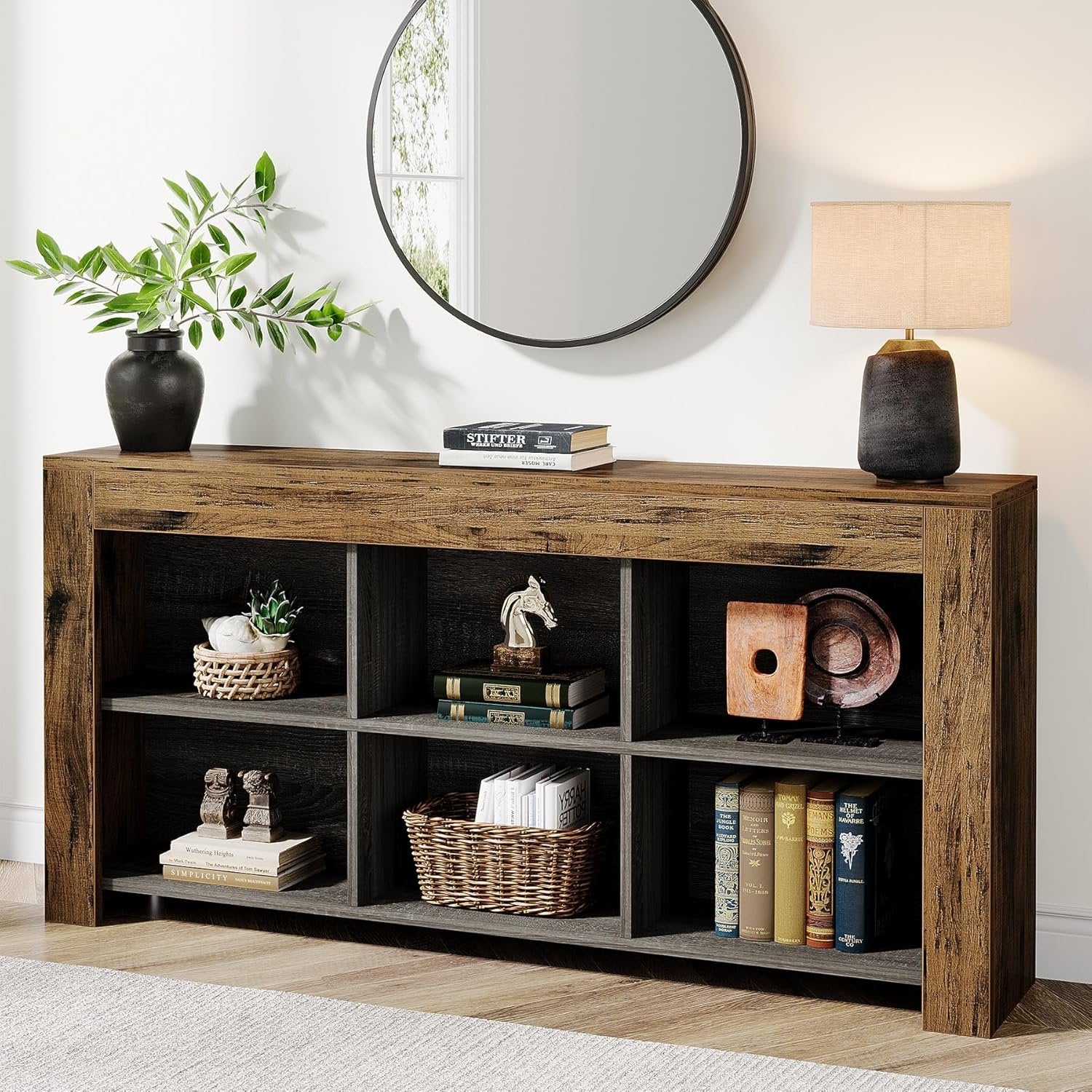 160cm Wood Sofa Table, Rustic Console Table Entryway Table with 6 Storage Cubes