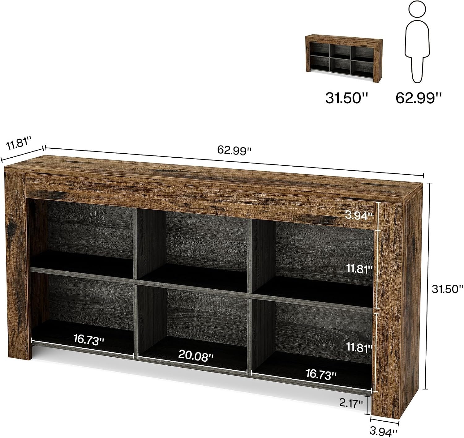 160cm Wood Sofa Table, Rustic Console Table Entryway Table with 6 Storage Cubes