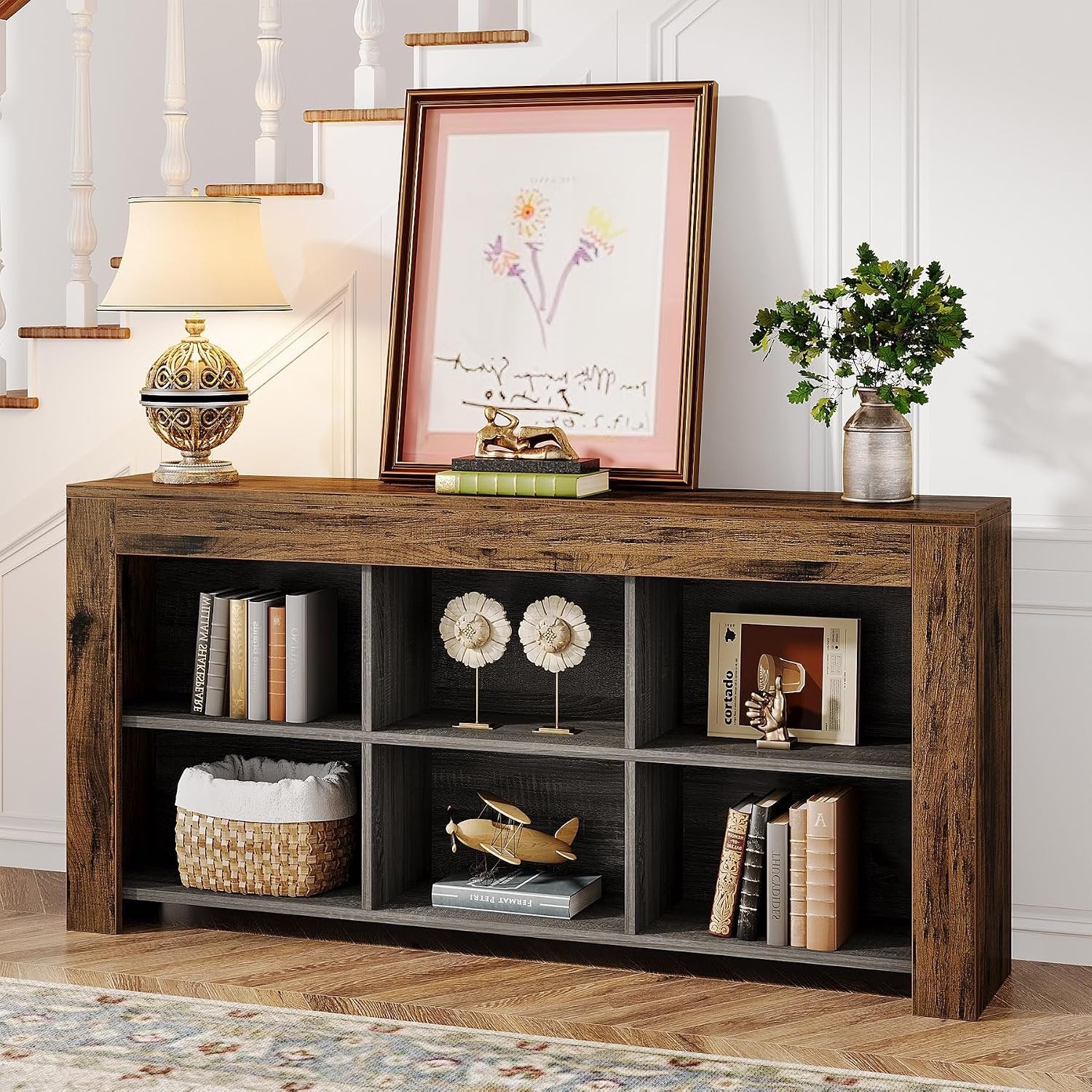 160cm Wood Sofa Table, Rustic Console Table Entryway Table with 6 Storage Cubes
