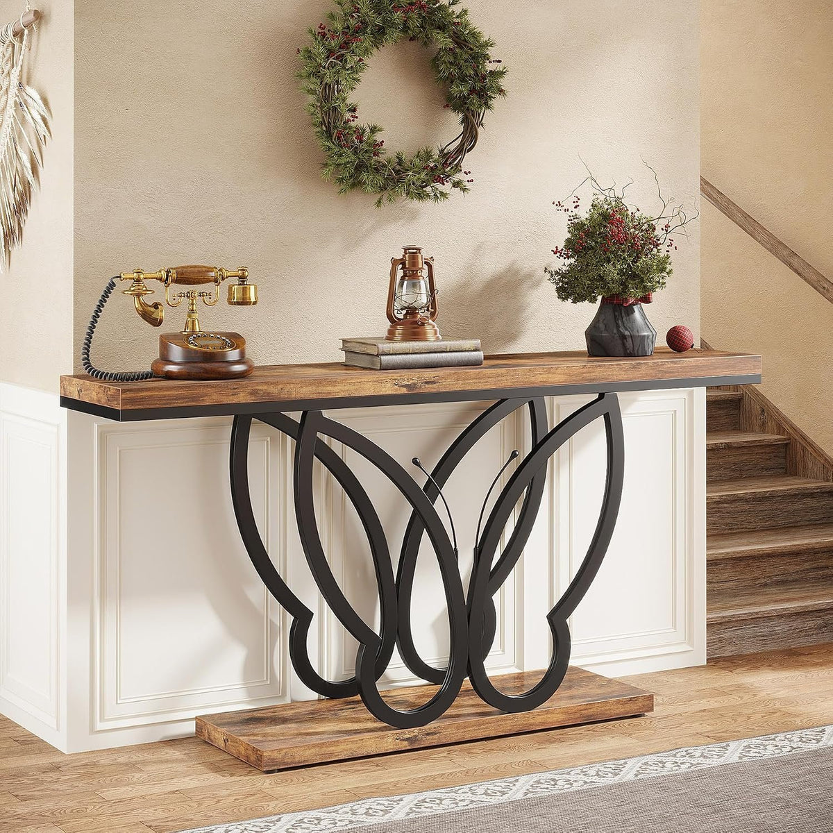 140cm Console Table, Slim Rustic Hallway Table with Metal Frame