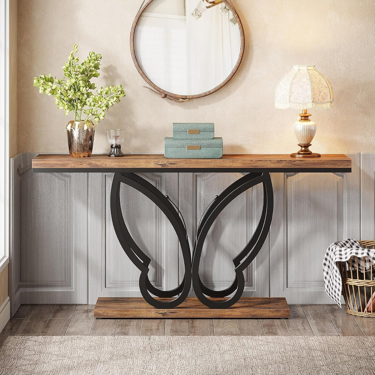 140cm Console Table, Slim Rustic Hallway Table with Metal Frame