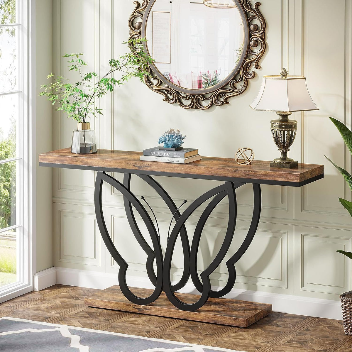 140cm Console Table, Slim Rustic Hallway Table with Metal Frame