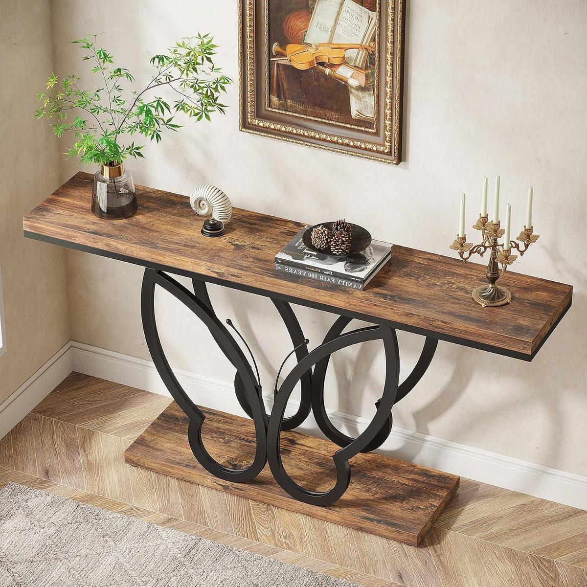 140cm Console Table, Slim Rustic Hallway Table with Metal Frame
