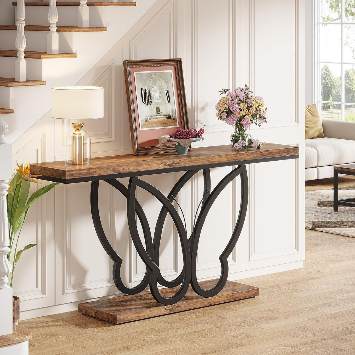 140cm Console Table, Slim Rustic Hallway Table with Metal Frame