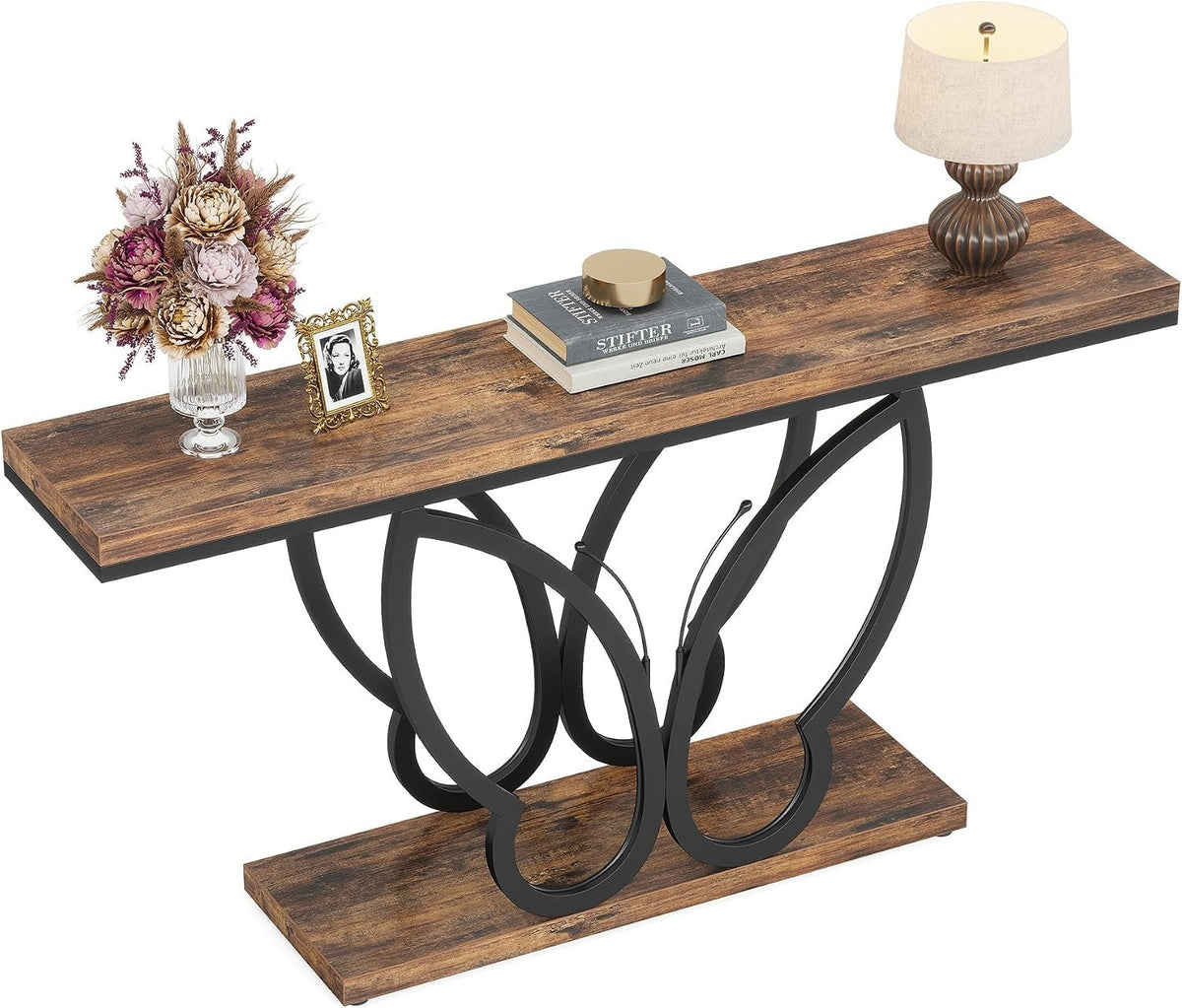 140cm Console Table, Slim Rustic Hallway Table with Metal Frame
