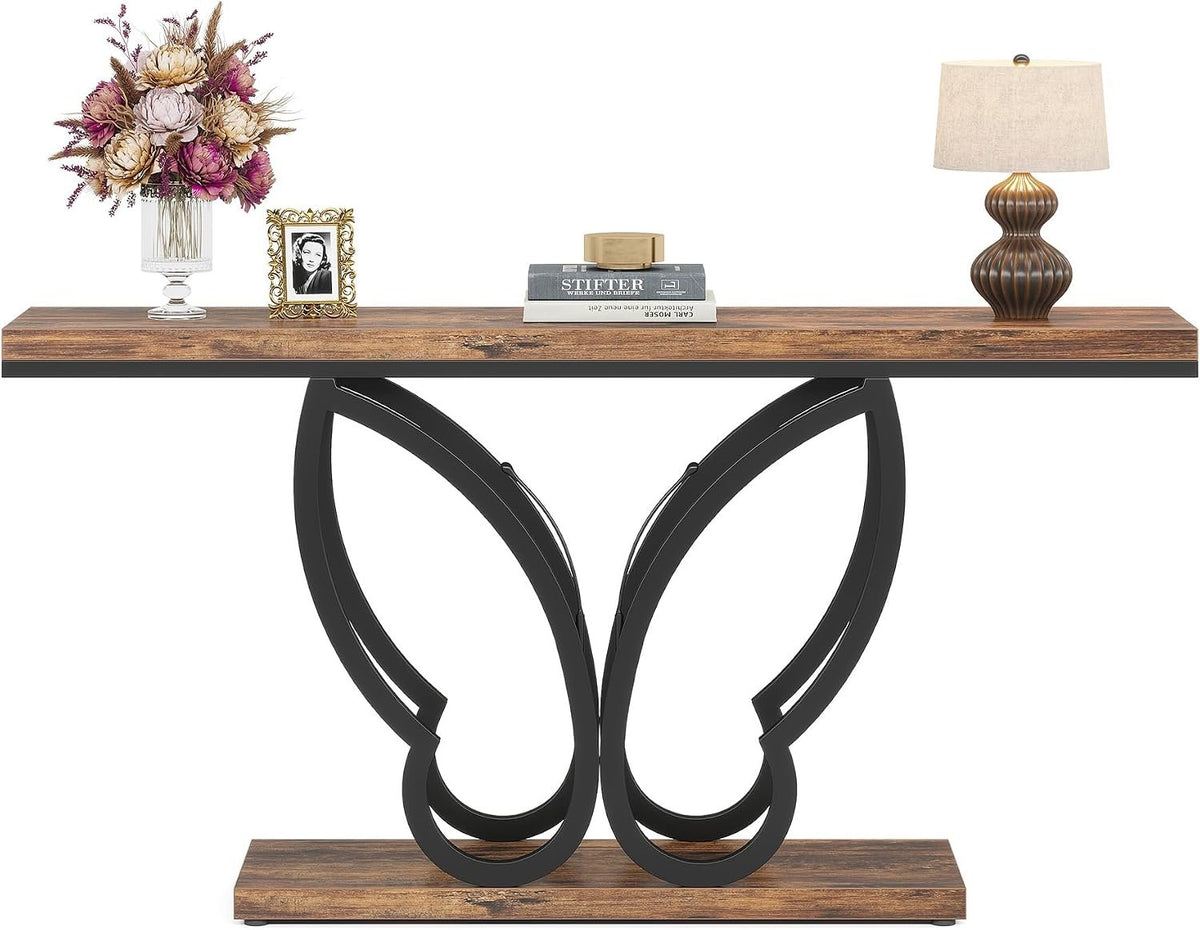 140cm Console Table, Slim Rustic Hallway Table with Metal Frame