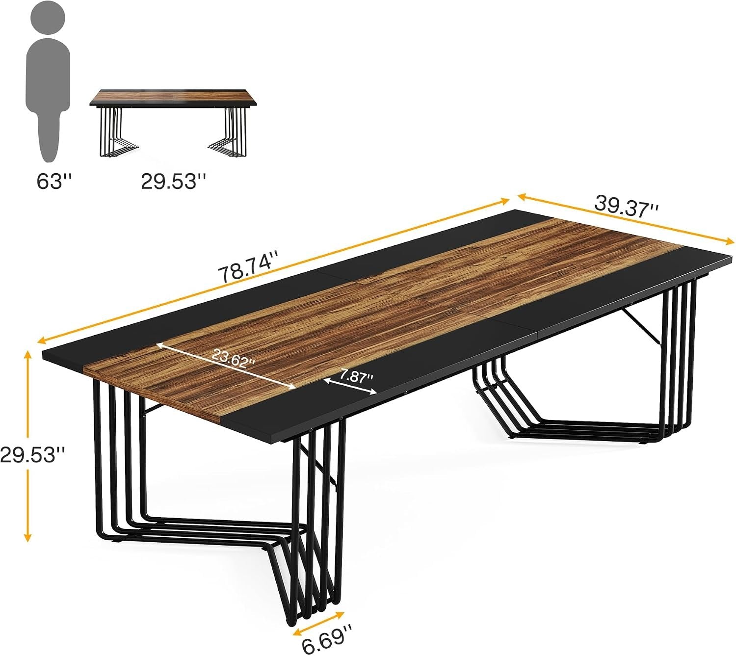 78.74" Large Meeting Table for 8-10 People, Business Wooden Training Table with Strong Metal Frame for Office Conference