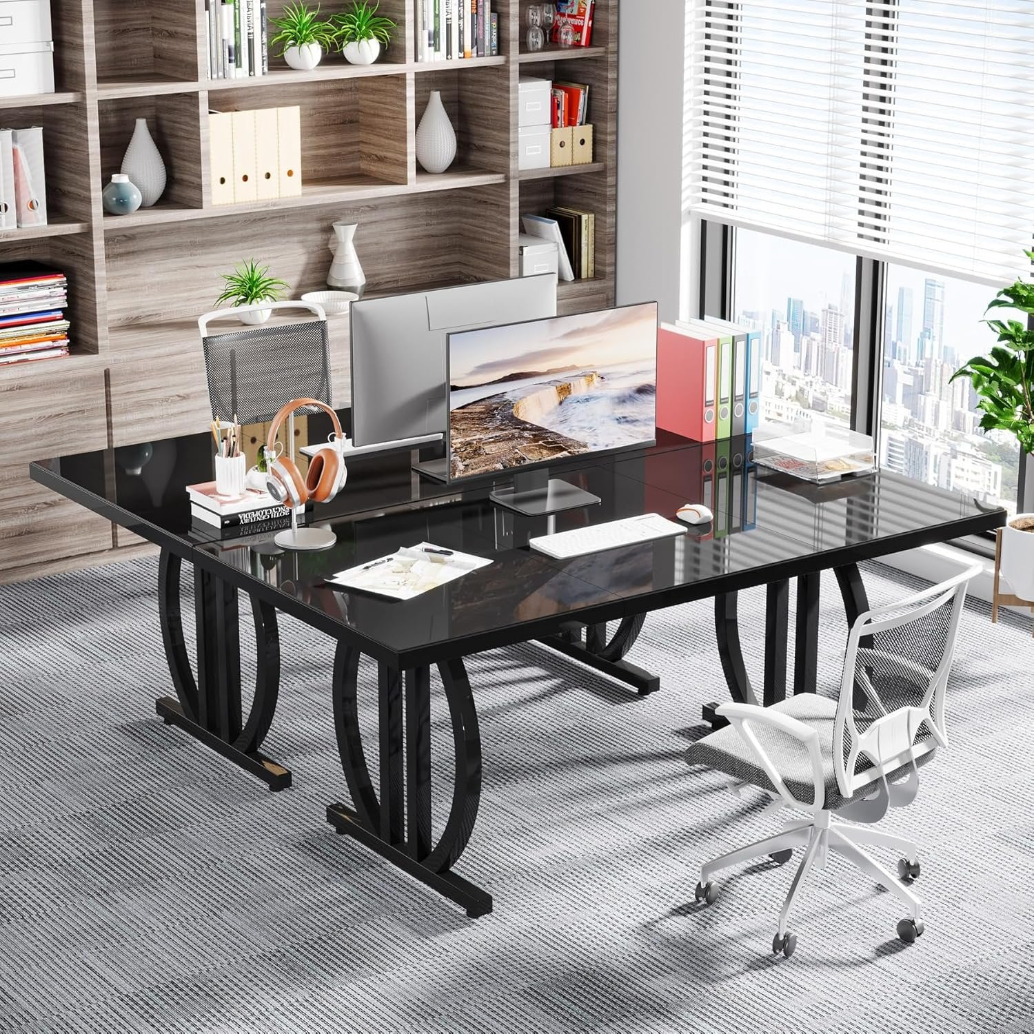 63" Executive Desk, Modern Computer Desk with Metal Geometric Base