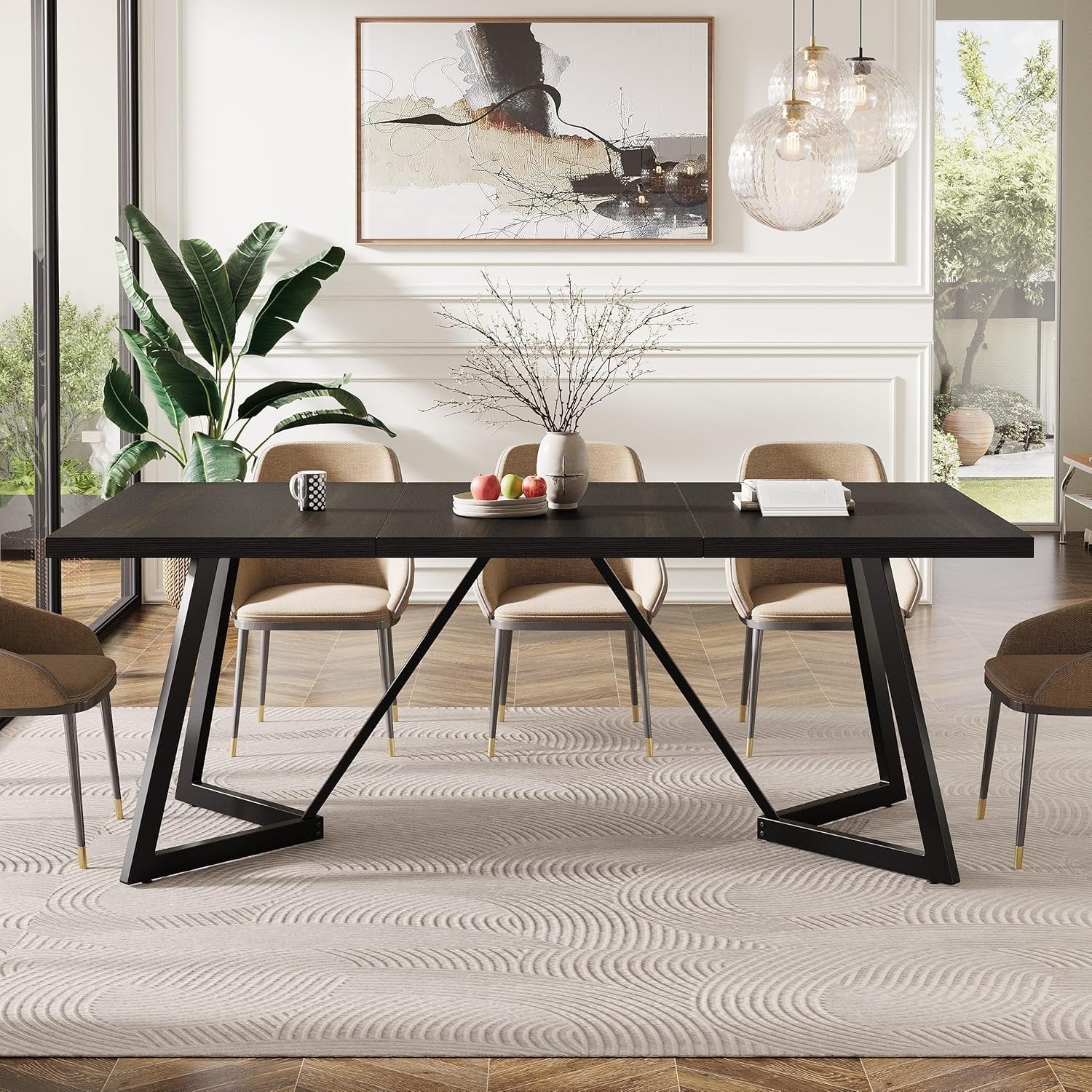 70.86" Modern Dining Table for Family, Elegant Rectangular Table with Sturdy Metal Frame