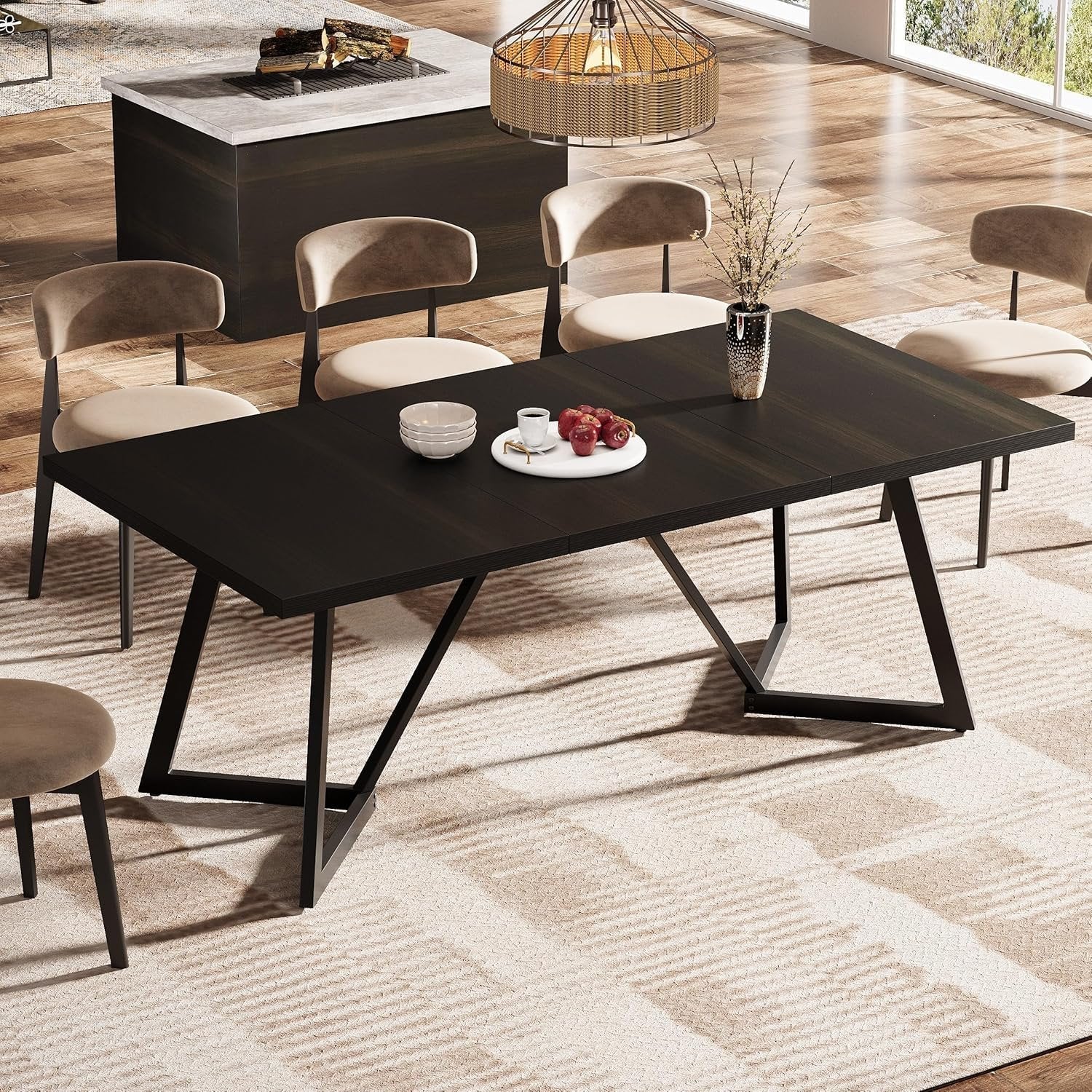 70.86" Modern Dining Table for Family, Elegant Rectangular Table with Sturdy Metal Frame