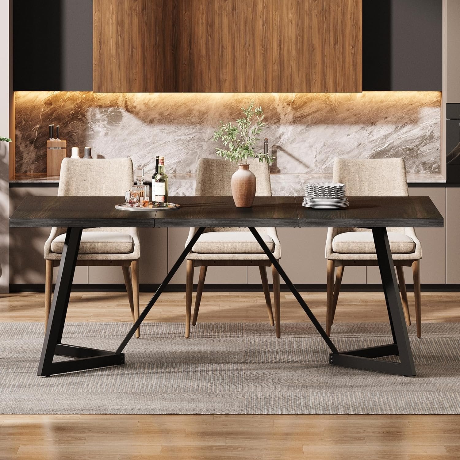 70.86" Modern Dining Table for Family, Elegant Rectangular Table with Sturdy Metal Frame