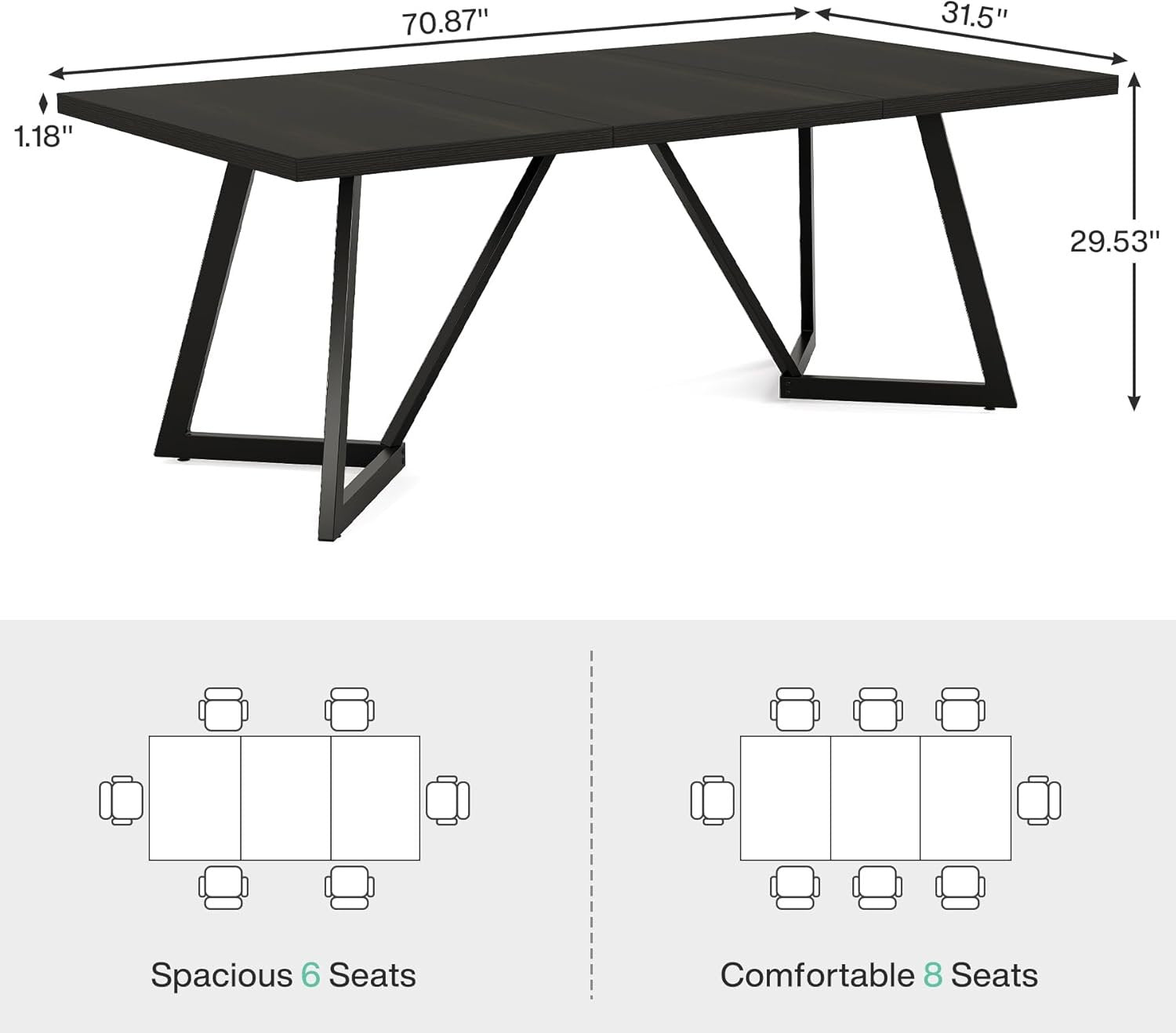 70.86" Modern Conference Table, Rectangular Desk with Sturdy Metal Frame