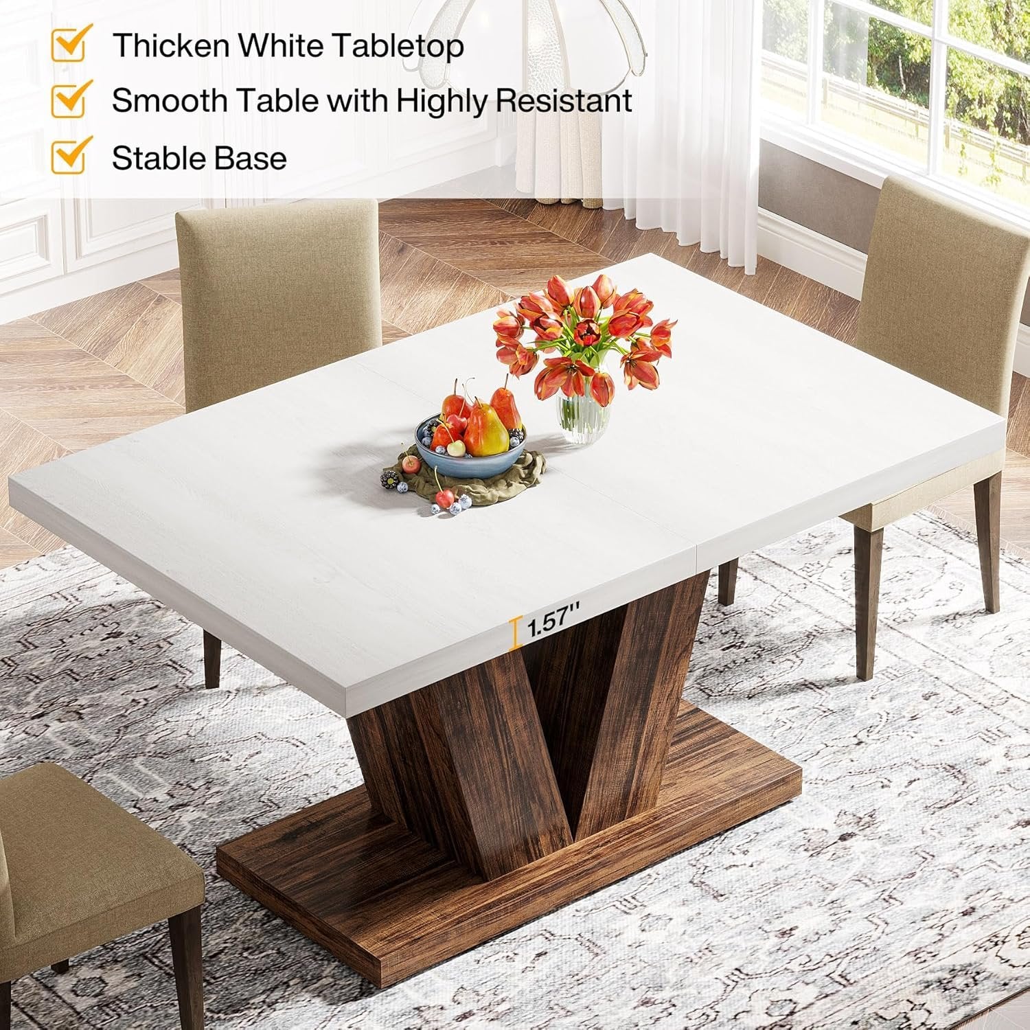 47" Dining Table, Farmhouse Wooden Kitchen Dinner Table with Duty Pedestal