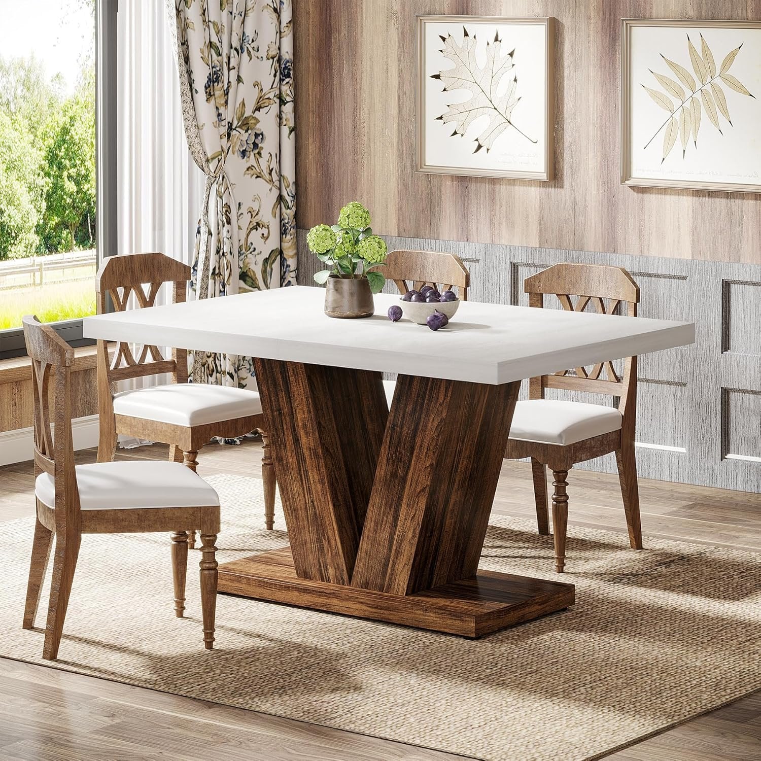 47" Dining Table, Farmhouse Wooden Kitchen Dinner Table with Duty Pedestal
