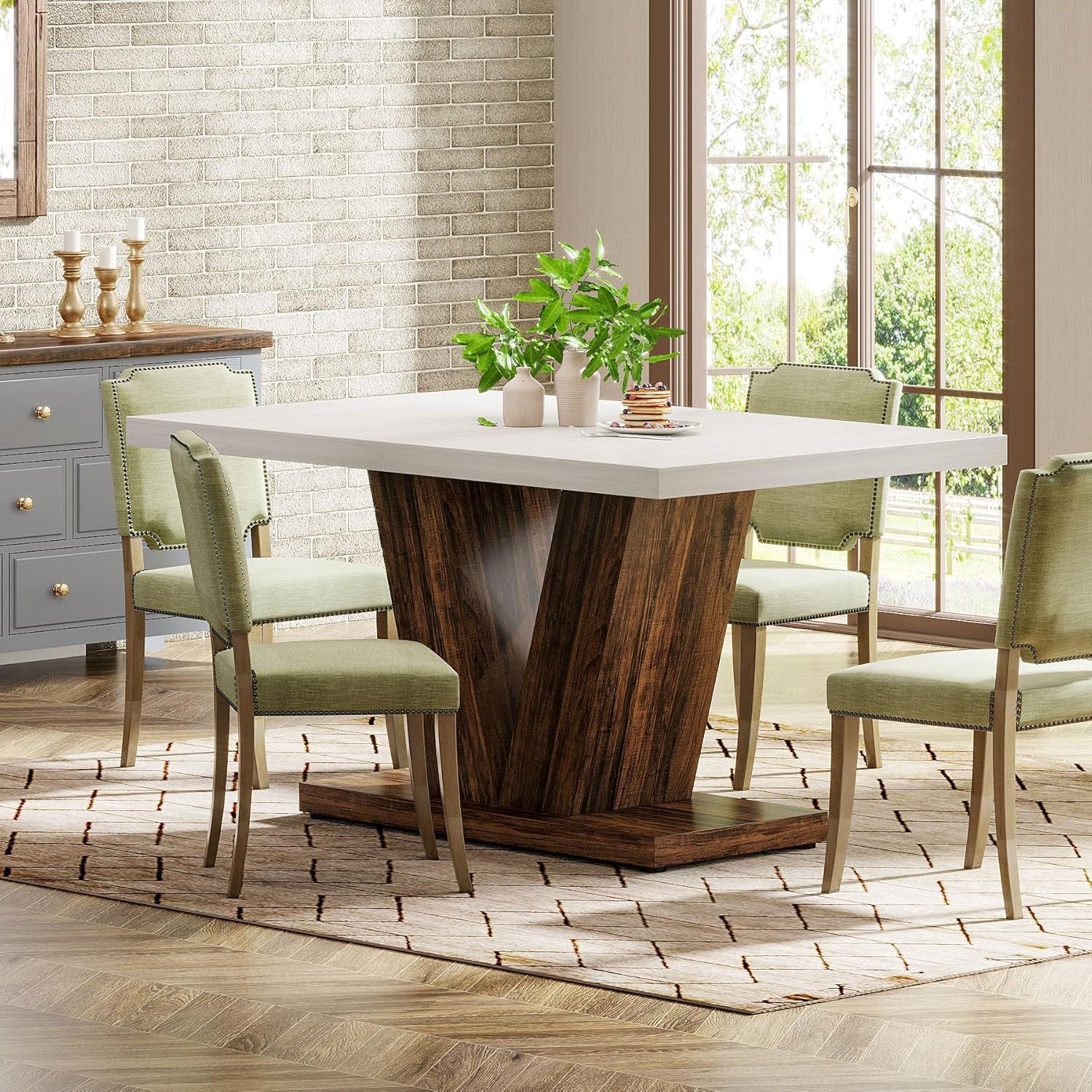 47" Dining Table, Farmhouse Wooden Kitchen Dinner Table with Duty Pedestal