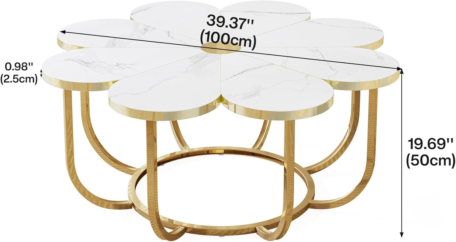 39.3" Coffee Table, Modern Accent Center Piece with Flower-Shaped Faux Marble Tabletop and Metal Frame for Living Room
