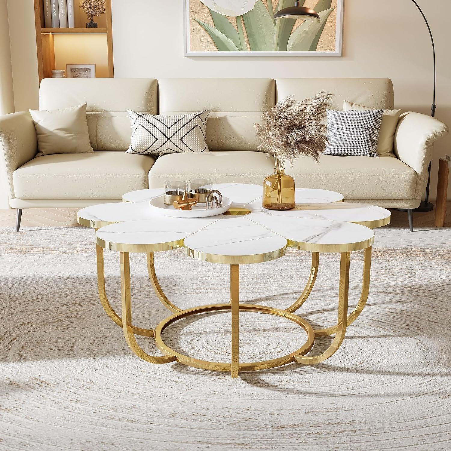 39.3" Coffee Table, Modern Accent Center Piece with Flower-Shaped Faux Marble Tabletop and Metal Frame for Living Room