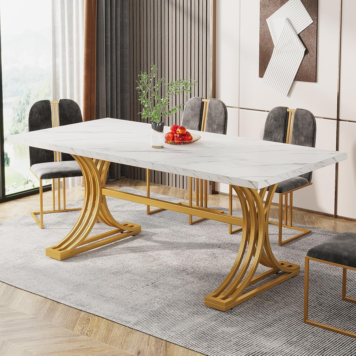 63" Faux Marble Dining Table, Sophisticated White and Gold Design with Metal Leg