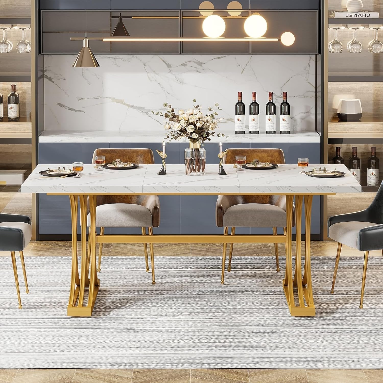 63" Faux Marble Dining Table, Sophisticated White and Gold Design with Metal Leg