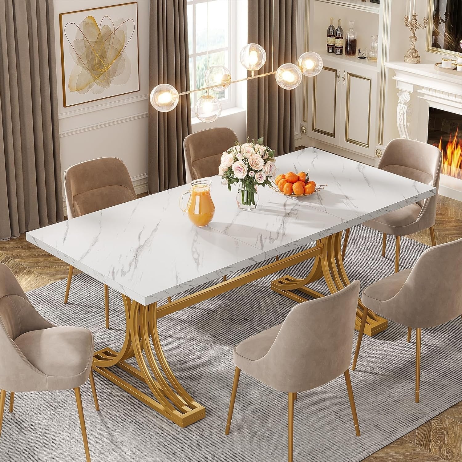 63" Faux Marble Dining Table, Sophisticated White and Gold Design with Metal Leg