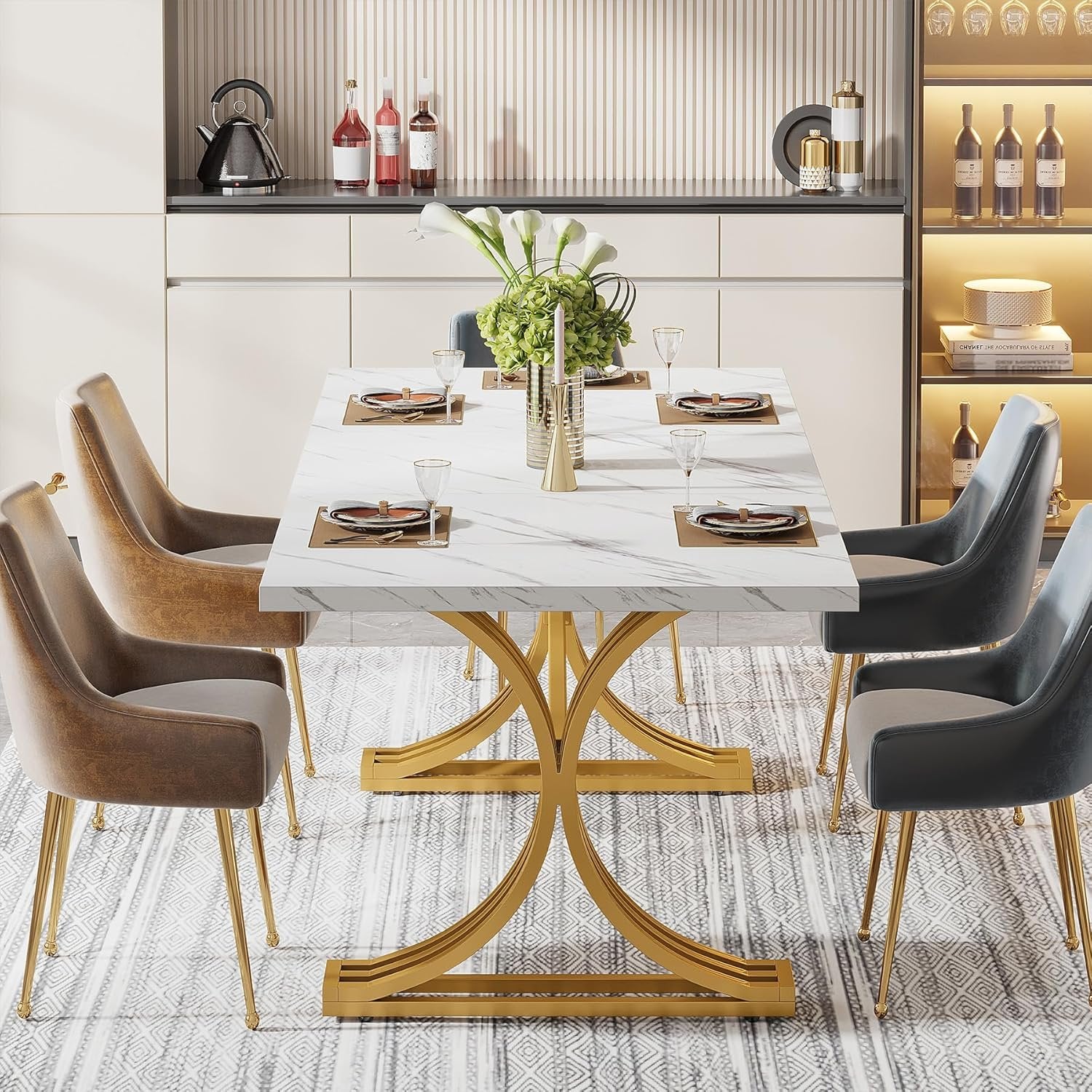 63" Faux Marble Dining Table, Sophisticated White and Gold Design with Metal Leg