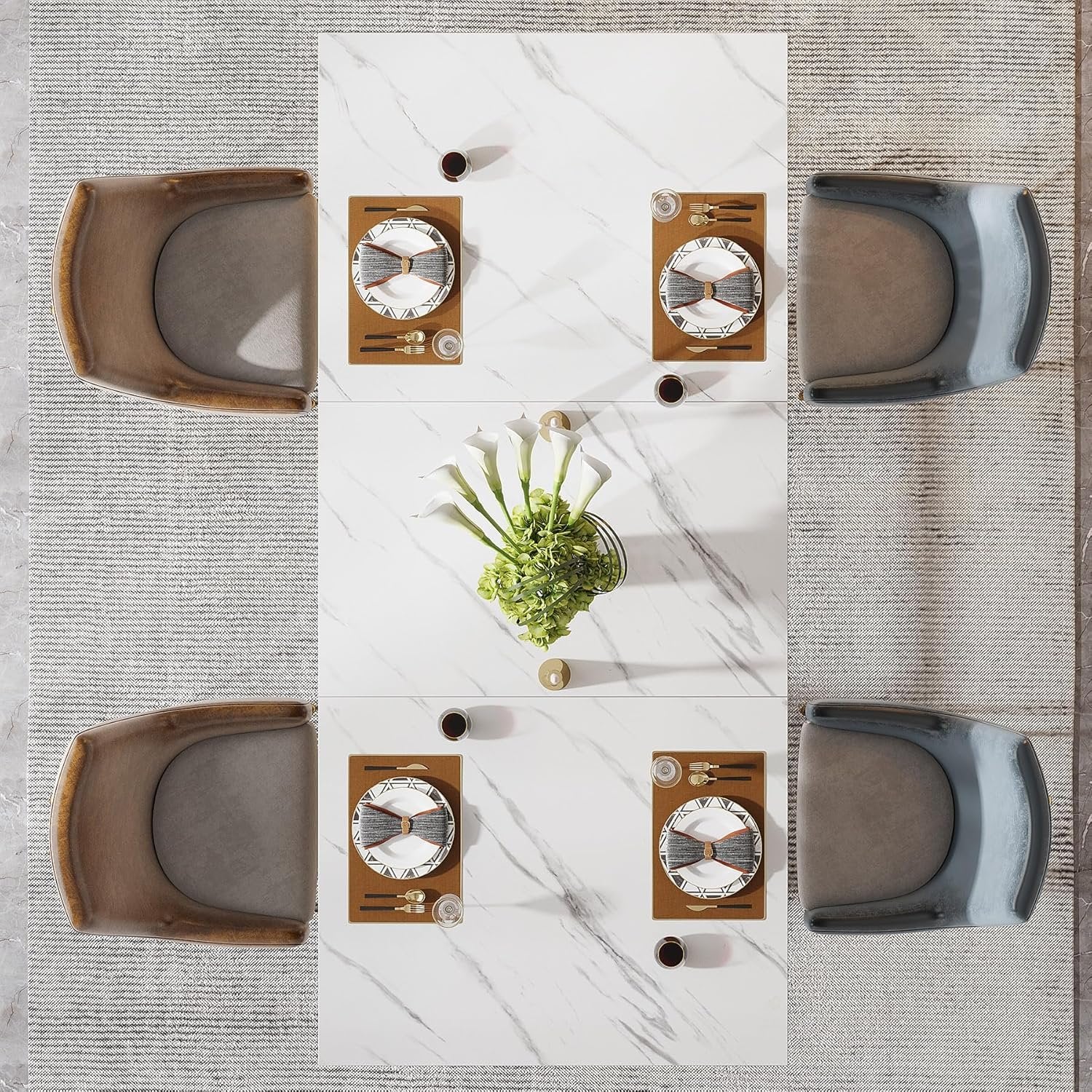 63" Faux Marble Dining Table, Sophisticated White and Gold Design with Metal Leg