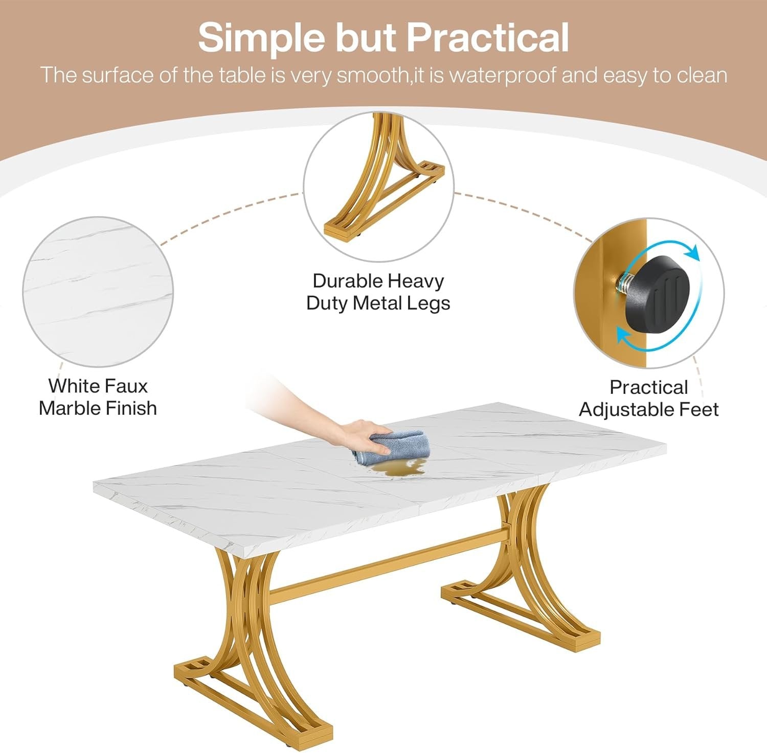 63" Faux Marble Dining Table, Sophisticated White and Gold Design with Metal Leg