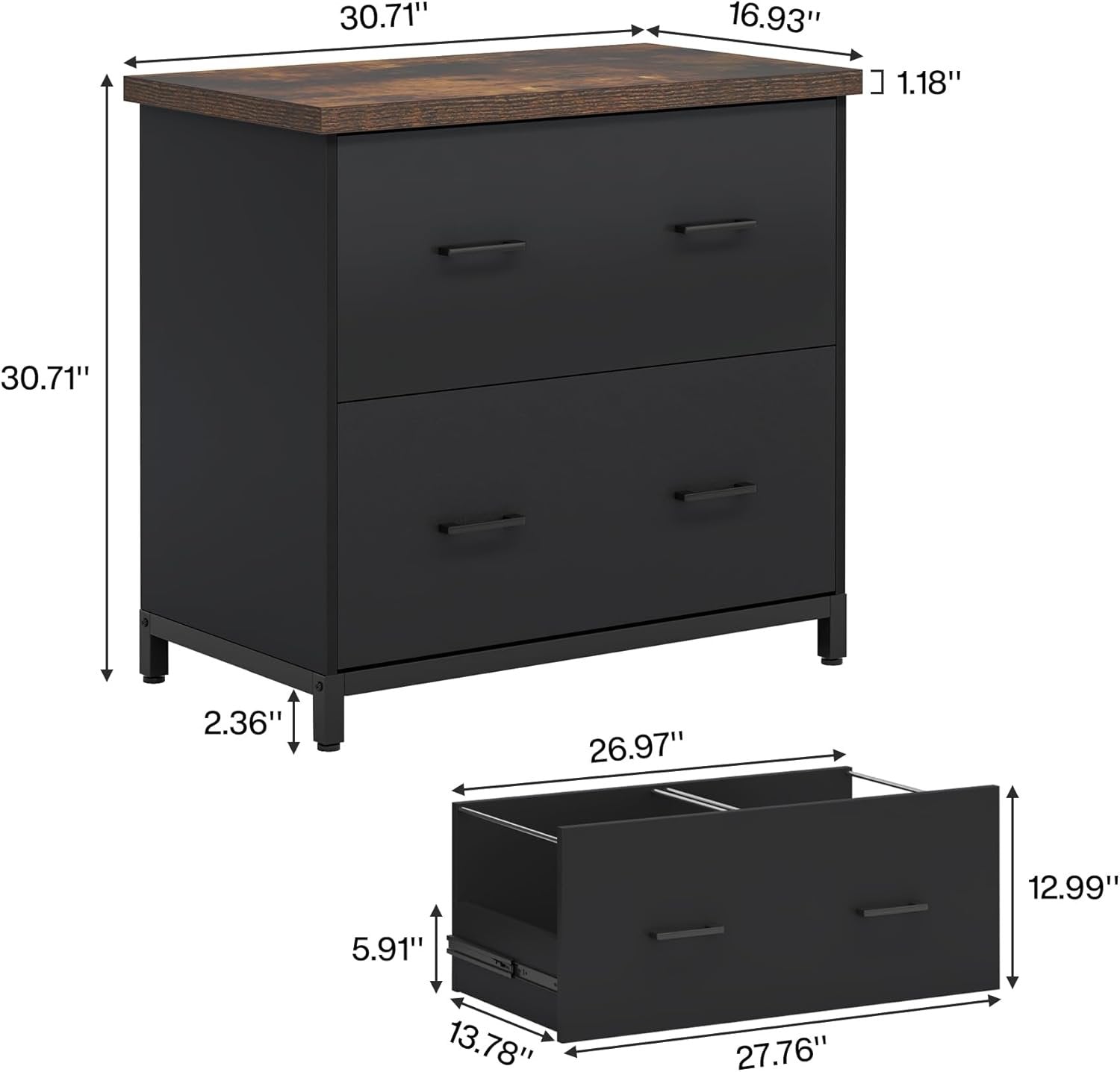 2-Drawer Wooden File Cabinet, Compact Lateral Organizer for A4 and Letter Sizes