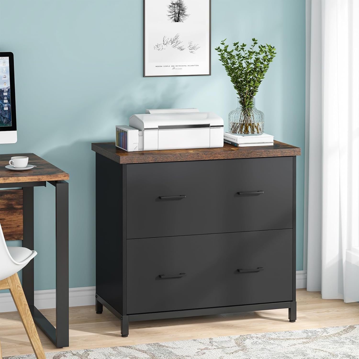 2-Drawer Wooden File Cabinet, Compact Lateral Organizer for A4 and Letter Sizes