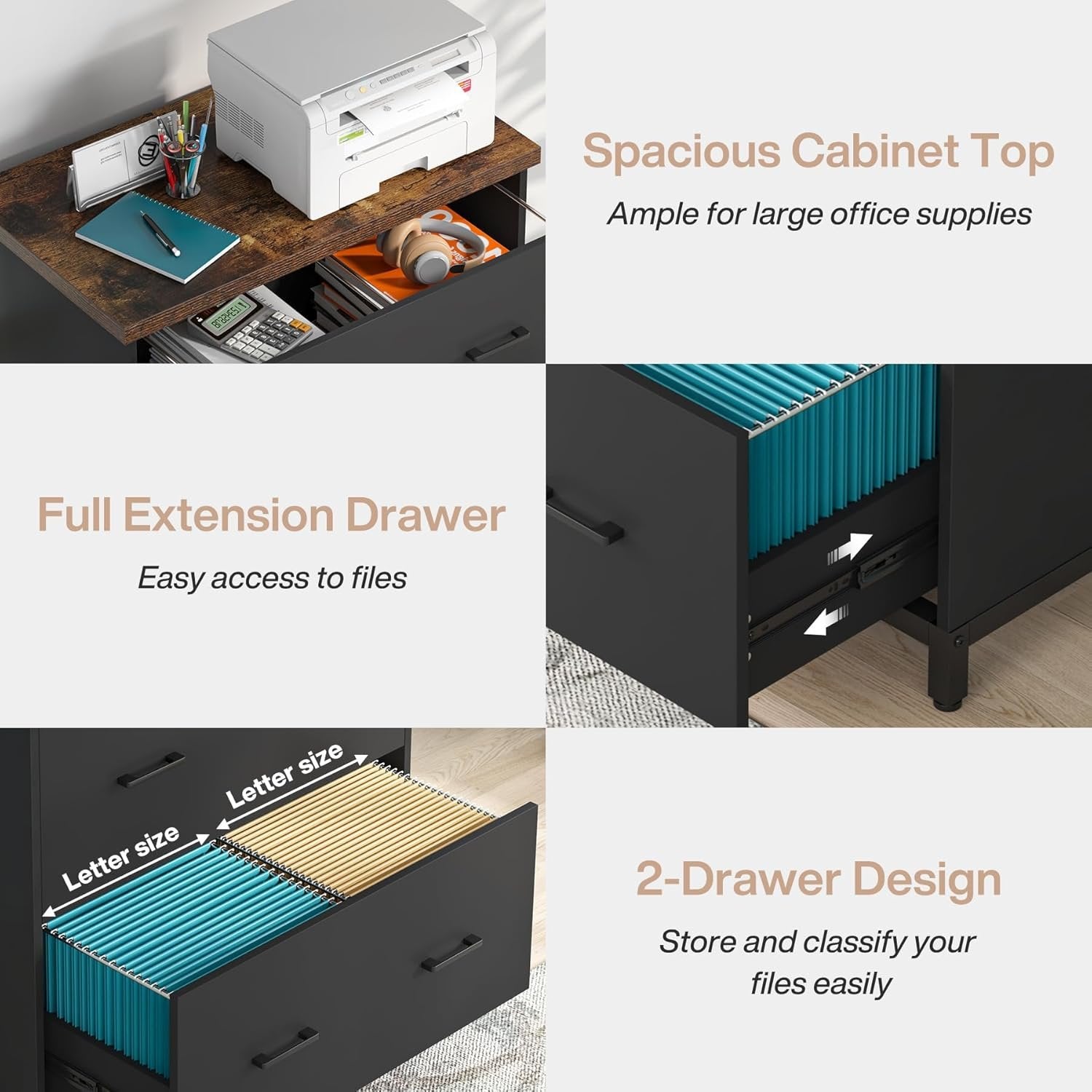 2-Drawer Wooden File Cabinet, Compact Lateral Organizer for A4 and Letter Sizes