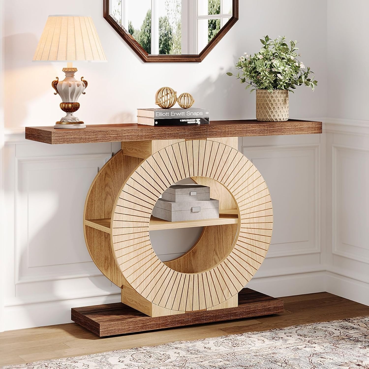 39“ Console Table with Storage Shelves, Entryway Sofa Table with Circular Base