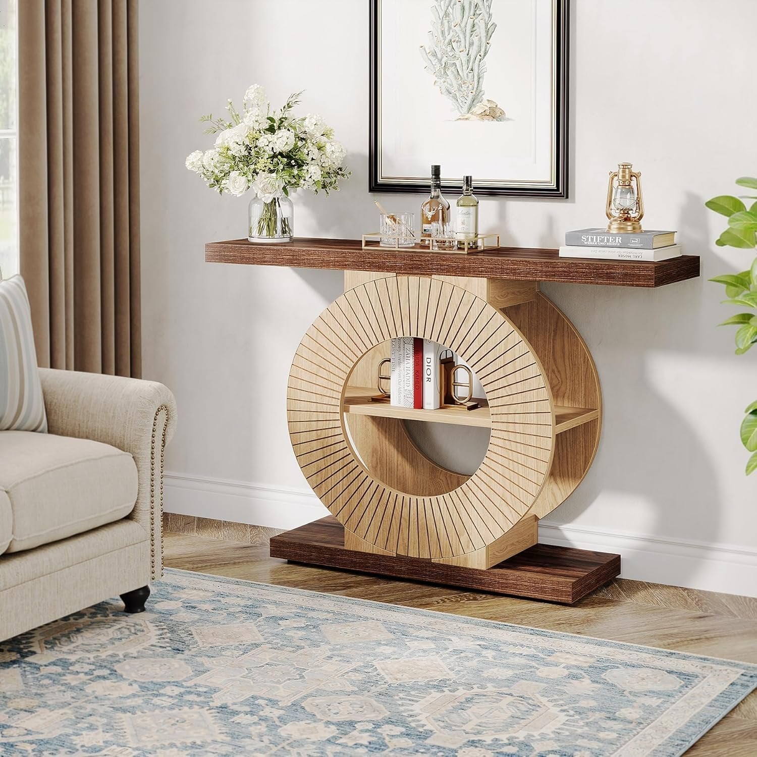 39“ Console Table with Storage Shelves, Entryway Sofa Table with Circular Base