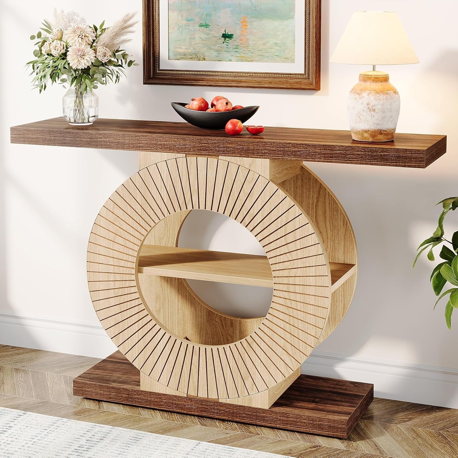 39“ Console Table with Storage Shelves, Entryway Sofa Table with Circular Base