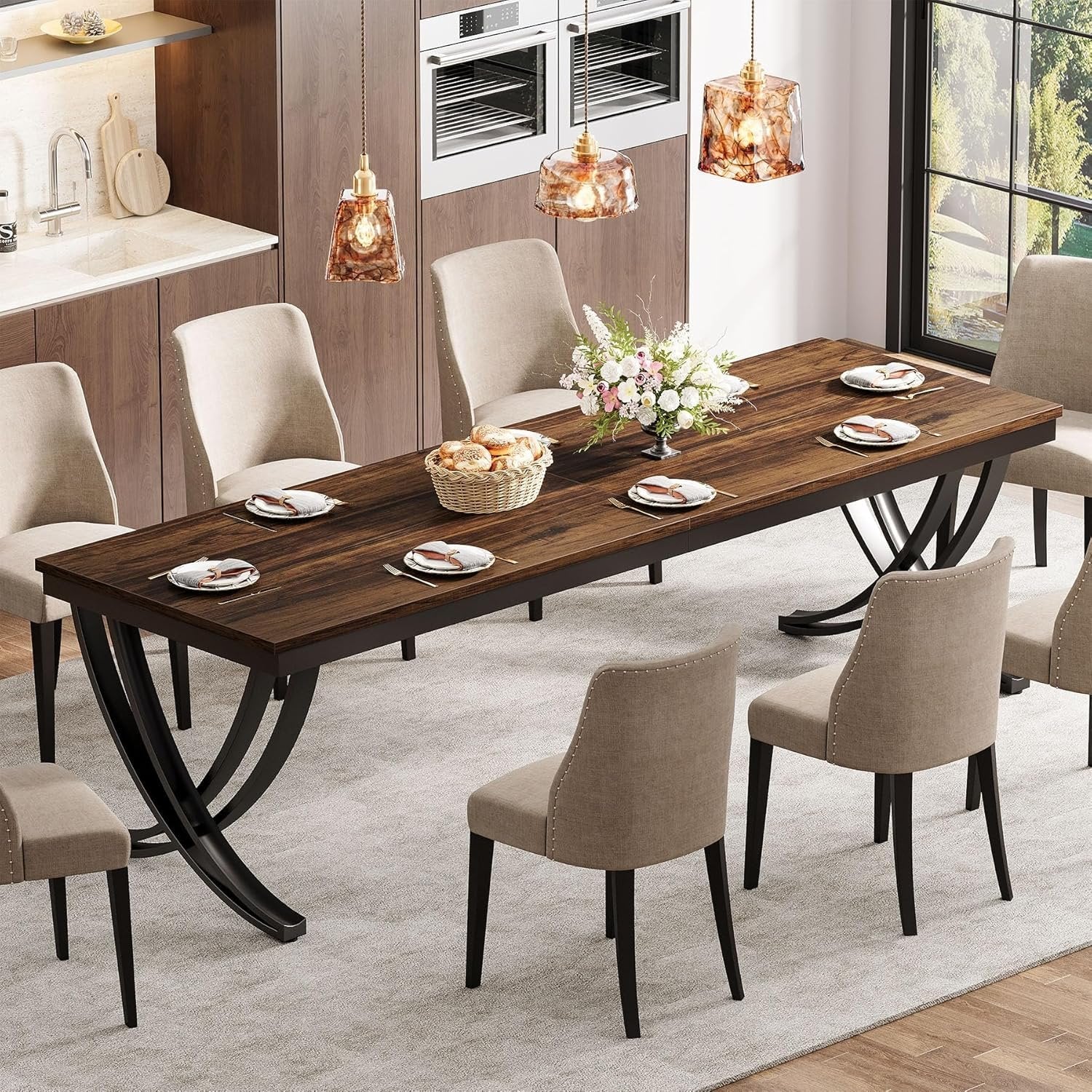 78" Rectangular Dining Table for 6-8, Large Wood Farmhouse Table with Metal Legs