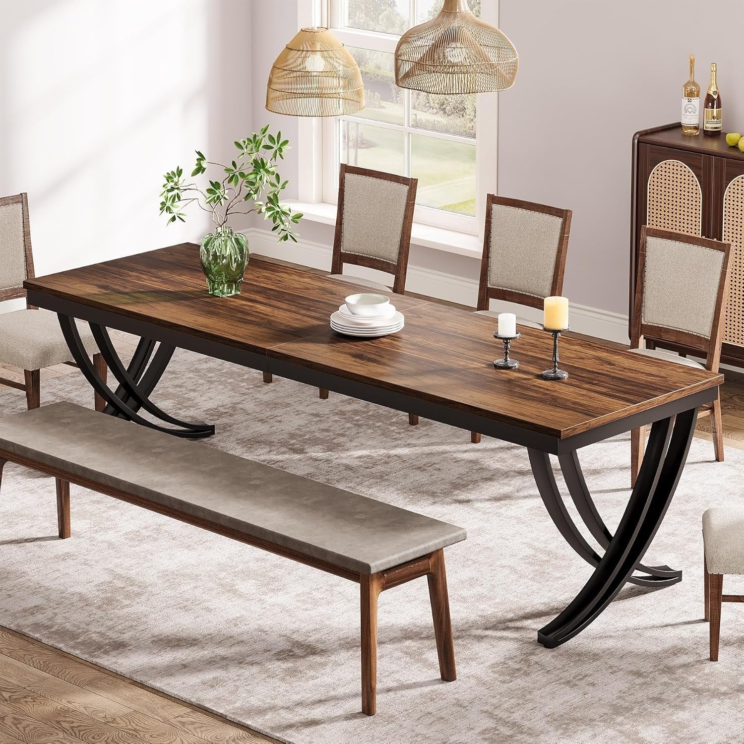 78" Rectangular Dining Table for 6-8, Large Wood Farmhouse Table with Metal Legs