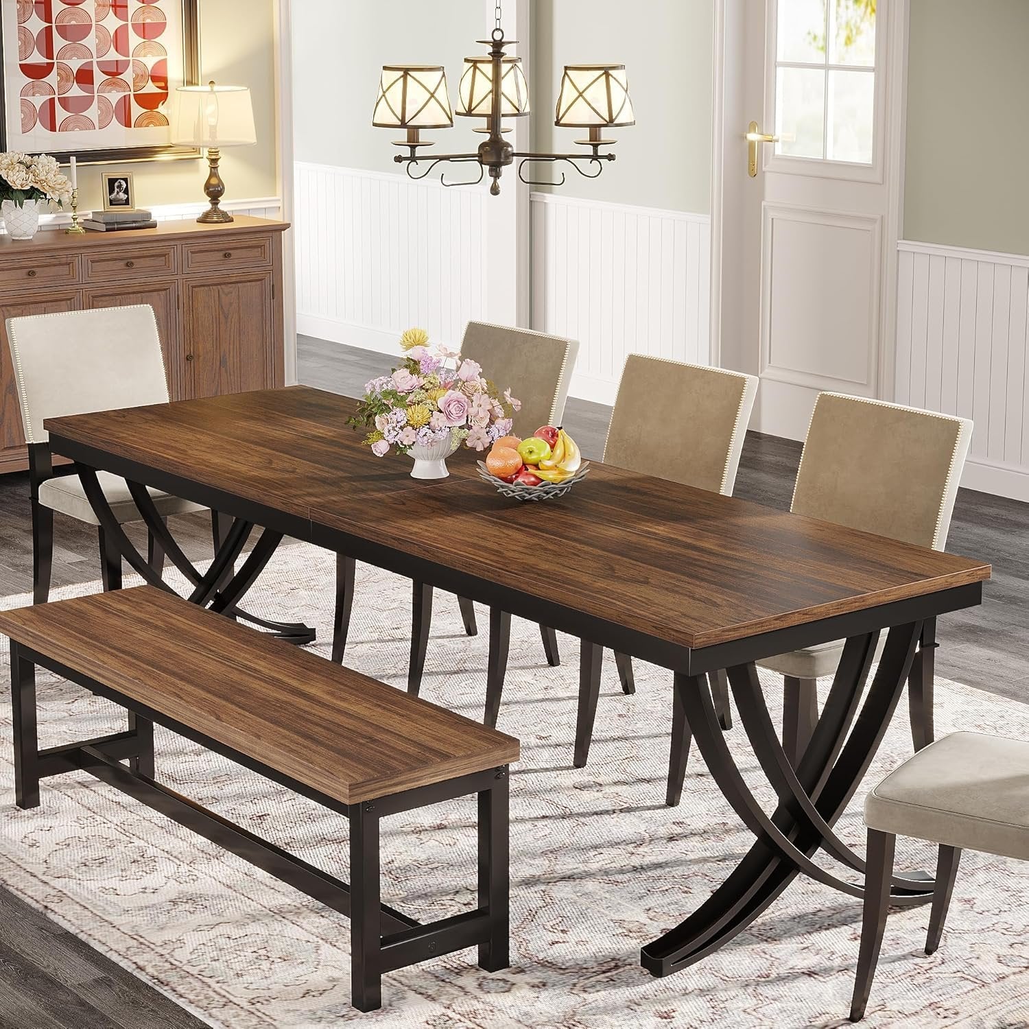 78" Rectangular Dining Table for 6-8, Large Wood Farmhouse Table with Metal Legs