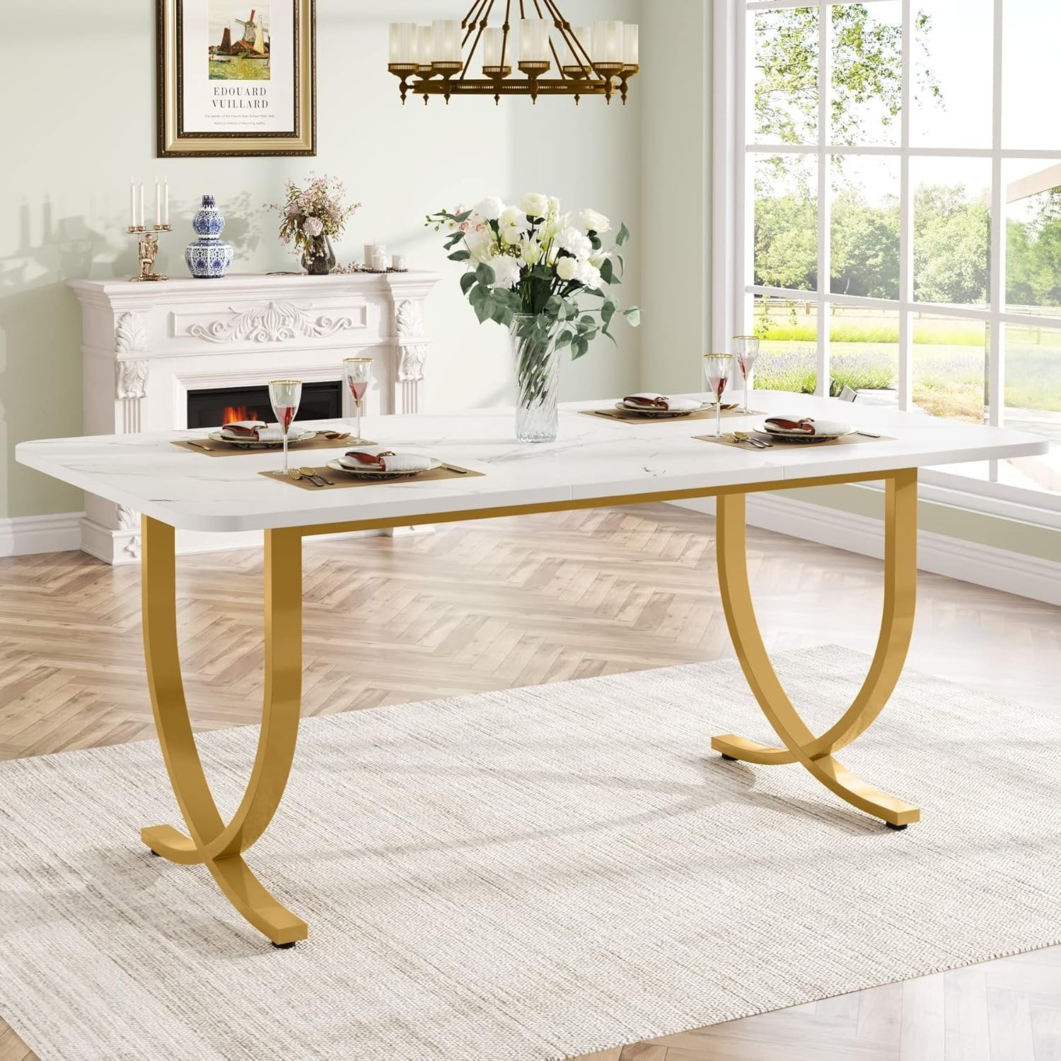 63" Dining Table, Modern Kitchen Table with Faux Marble Table Top