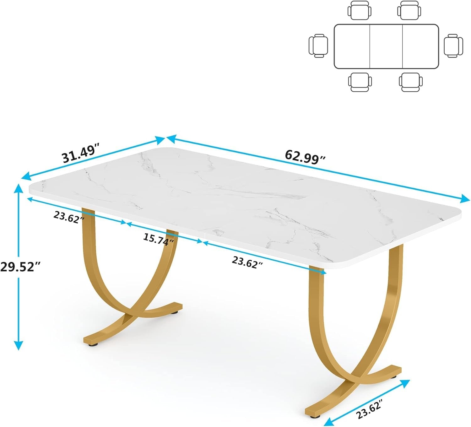 63" Dining Table, Modern Kitchen Table with Faux Marble Table Top