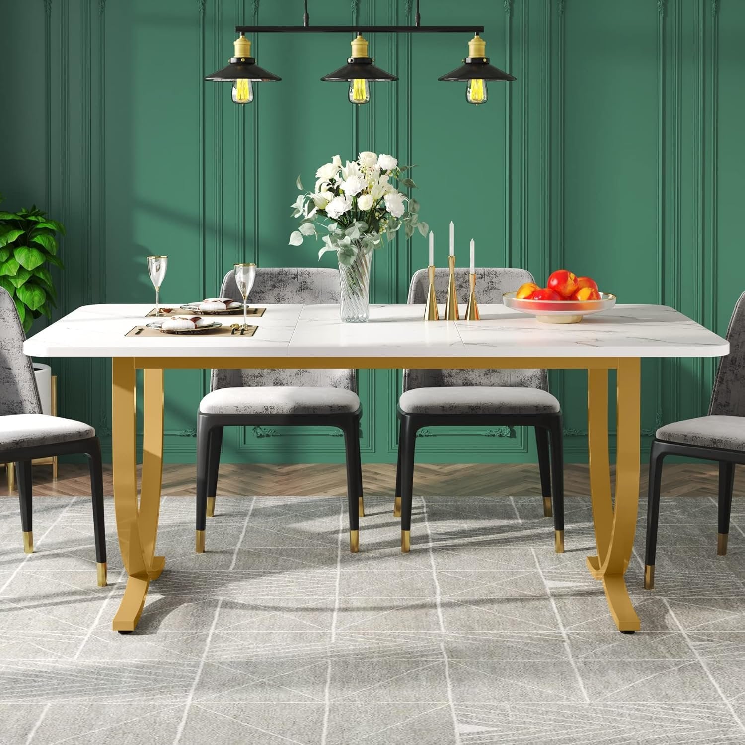 63" Dining Table, Modern Kitchen Table with Faux Marble Table Top