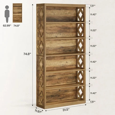 74.8" Bookshelf, 6-Tier Bookcase Standing Open Display Storage Shelves